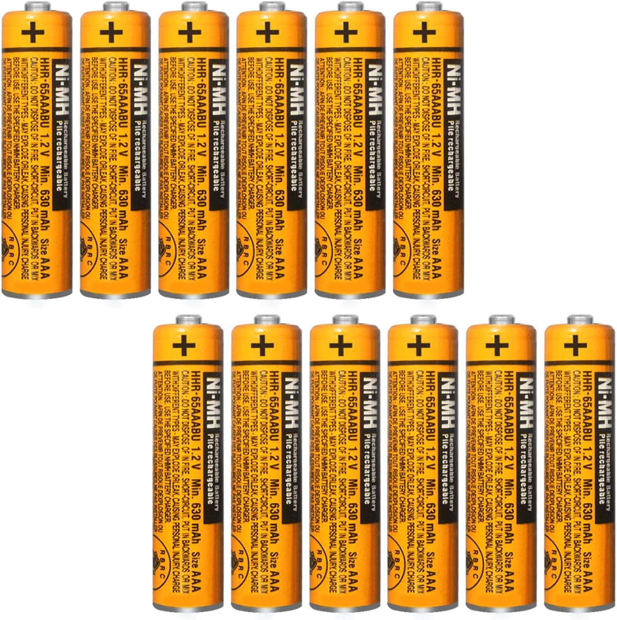 Paquete de 12 baterías Recargables HHR-65AAABU NI-MH 1.2V 630mAh AAA para teléfonos inalámbricos Panasonic