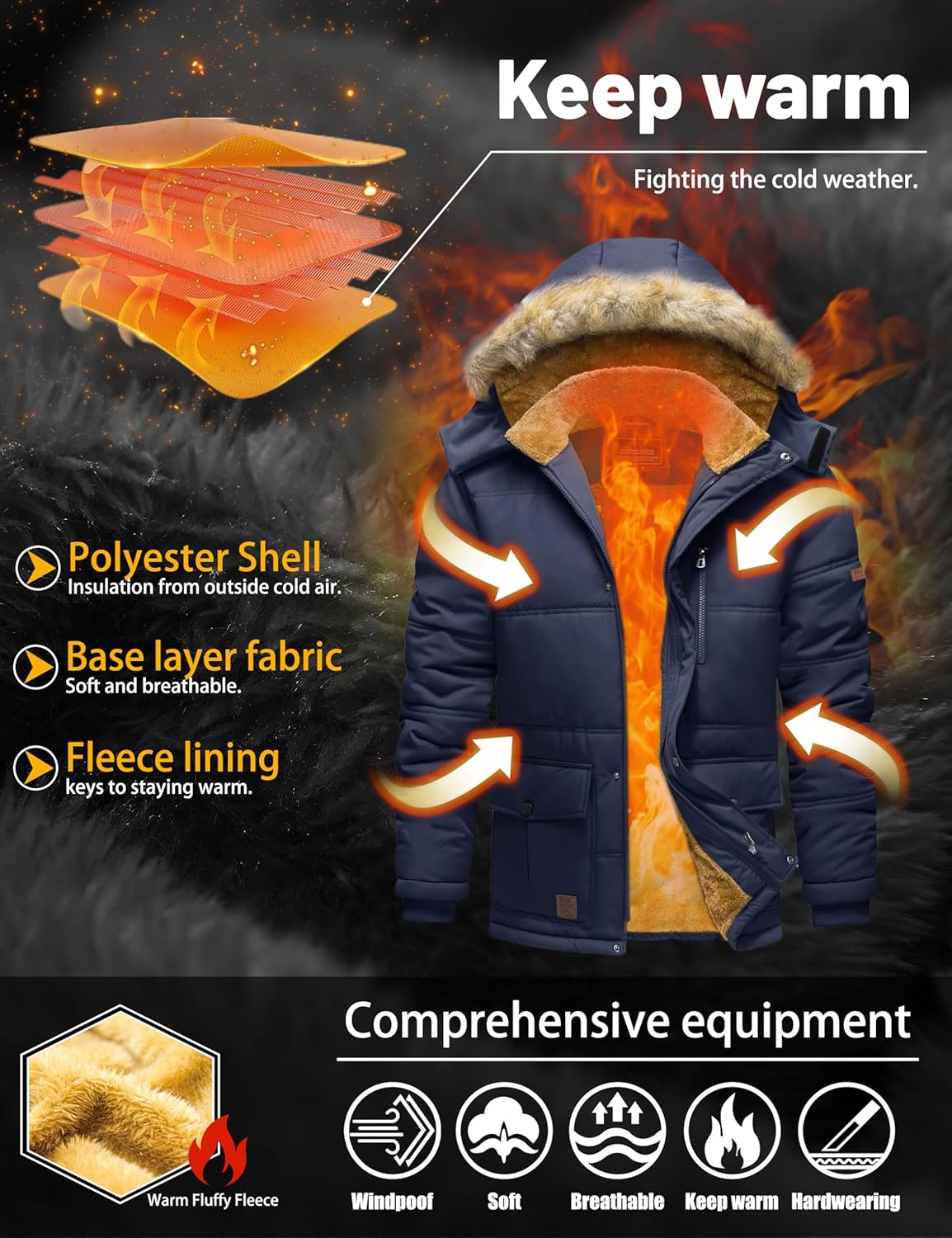 TACVASEN Men's Winter Jacket with Hood Water Repellent Windproof Thicken Parka Winter Coat - Image 4