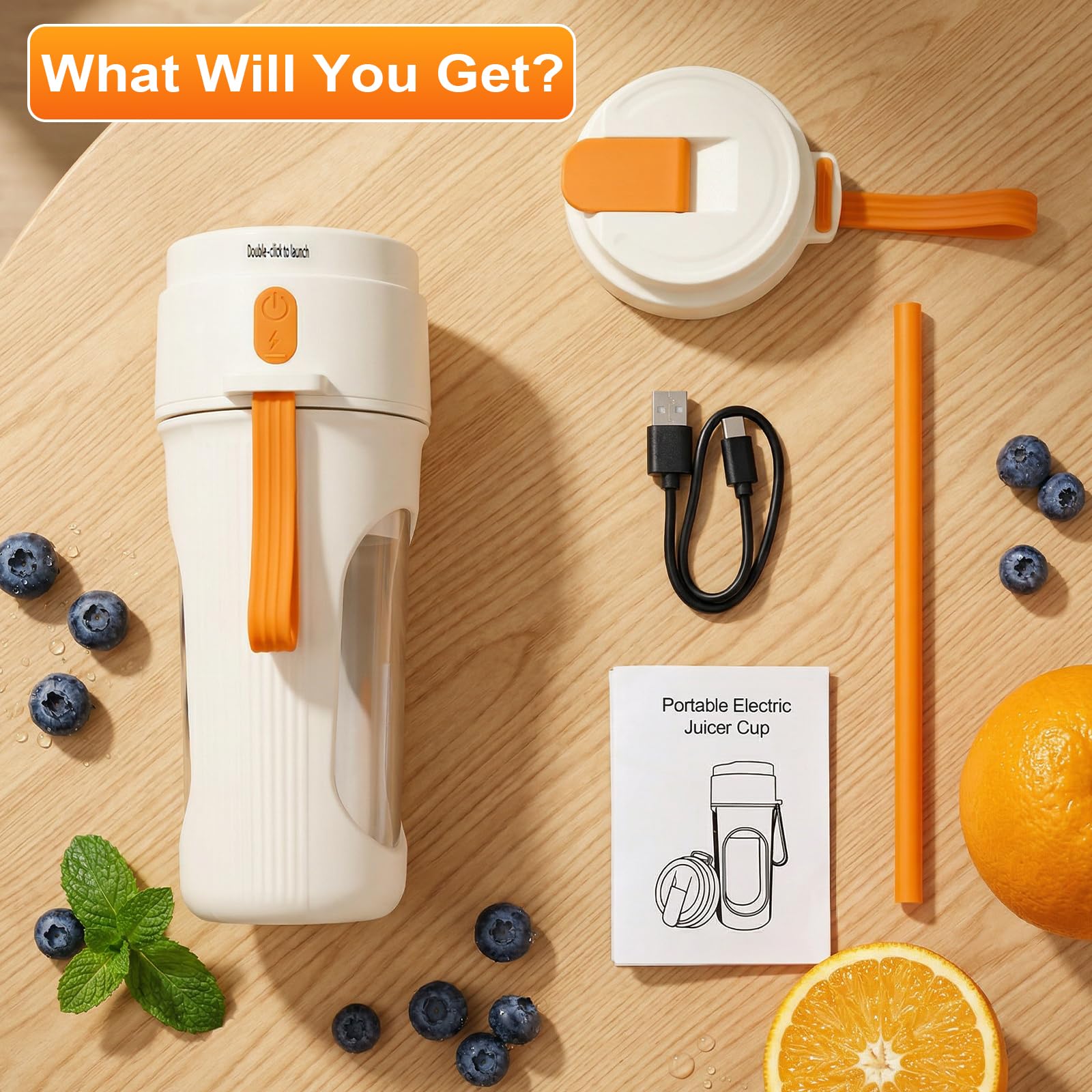 WGIDSKKI Batidora Portátil 450ml para Batidos, Mini Batidora Potente con 12 Cuchillas de Acero Inoxidable, Tapa Hermética y Recargable vía Type-C, Fitness y Hogar, Compacta, Sin BPA - Naranja — view 4