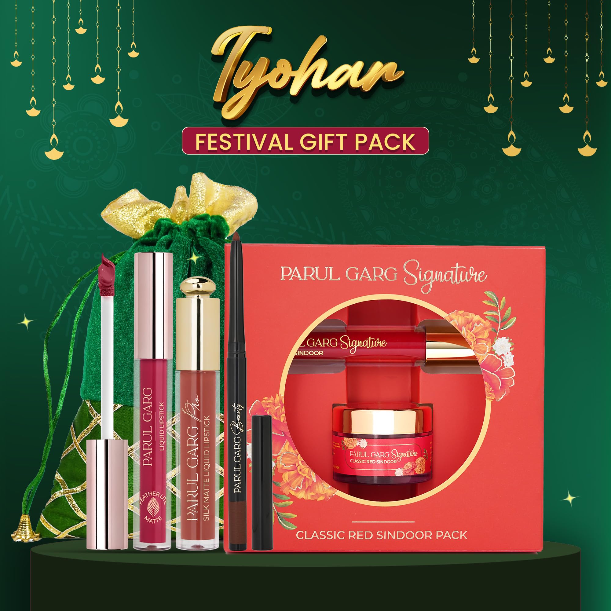 Parul Garg Beauty Festival Gift Pack | Classic Red Sindoor, Smudge-Proof Brown Kajal, 2 Long-Lasting Liquid Lipsticks | Festive Makeup Gift Combo with Green Potli Bag | Ideal Gift for Women - Image 4 thumbnail