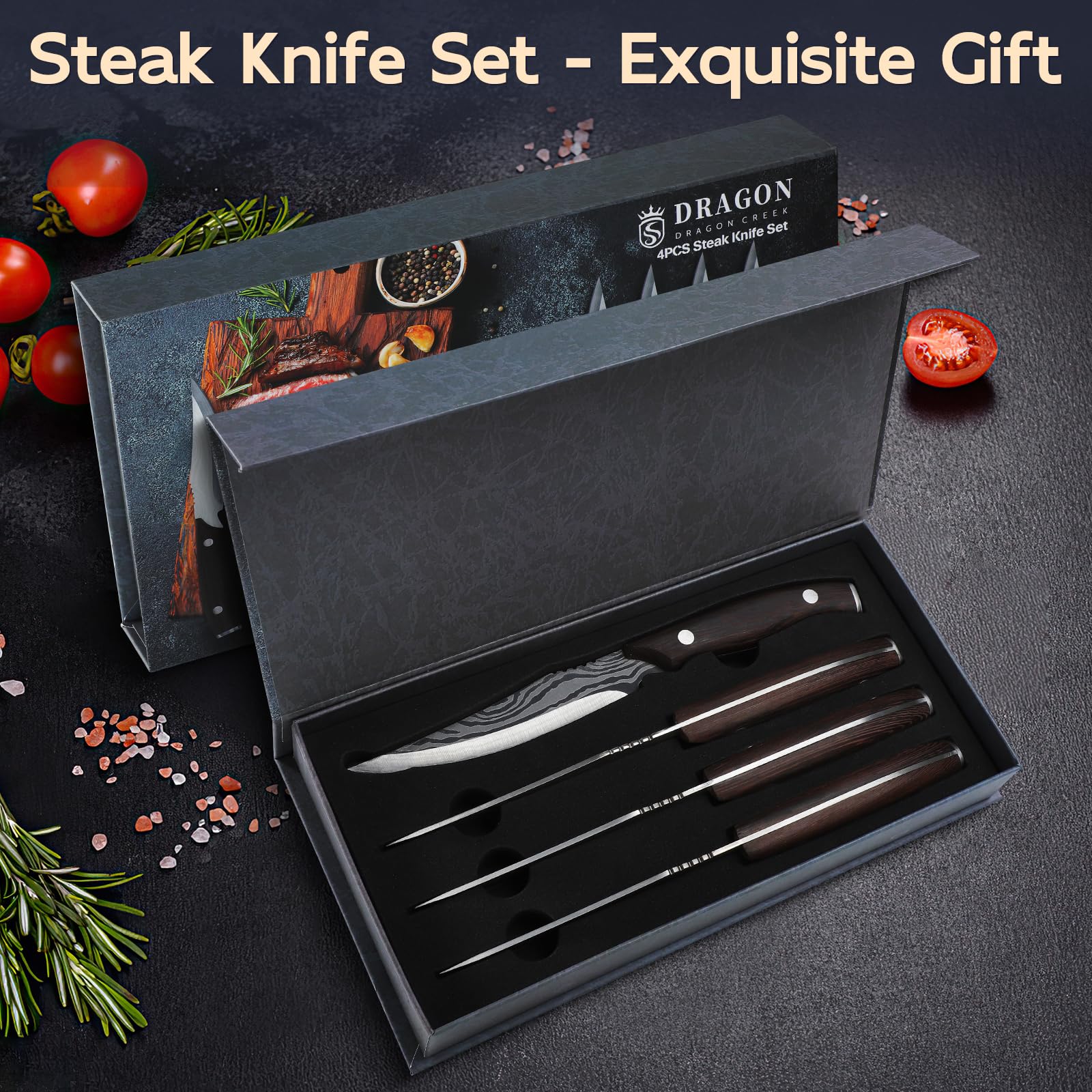 Dragon Creek Set 4 Coltelli da Bistecchi in Acciaio Inox - Manici in Legno, Lame Affilate per Carni, Ideali per Cucina Domestica e Professionale, con Elegante Scatola Presente