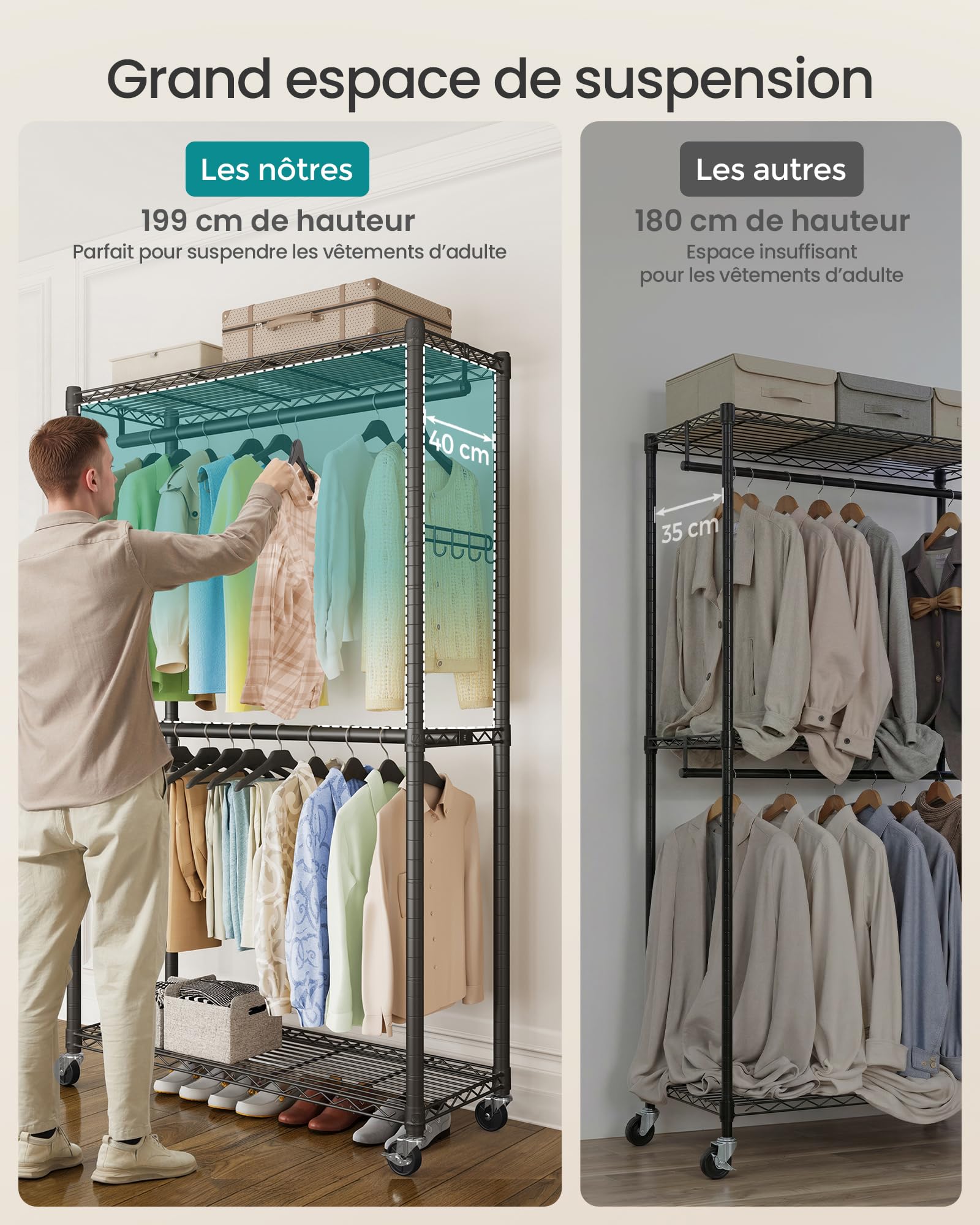 SONGMICS Portant à Vêtements sur Roulettes, Penderie en Métal, Vestiaire, avec Étagères Réglables, Tringles et Crochets, 40 × 90 × 199 cm, Noir d’Encre LGR416BH01