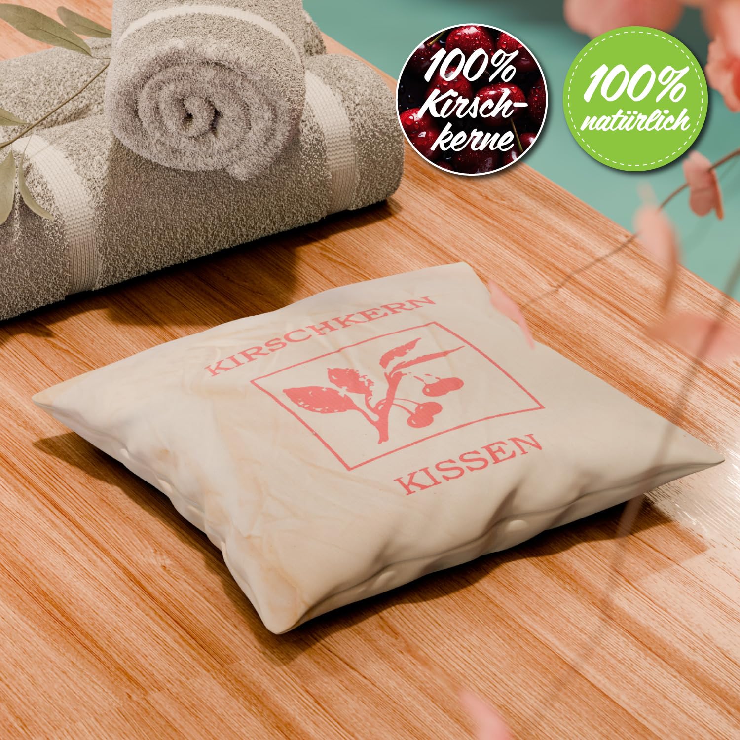 Cuscino Termico Con Noccioli Di Ciliegia NATURMOOR – 400g – Fodera In Cotone Lavabile (Beige Con Pois Bianchi) 19x18cm