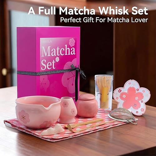 Miniatura 9 de Juego de batidor de matcha, kit de matcha de 10 piezas, batidor de bambú y cuenco de cerámica con boquilla y cuchara medidora y taza, herramientas