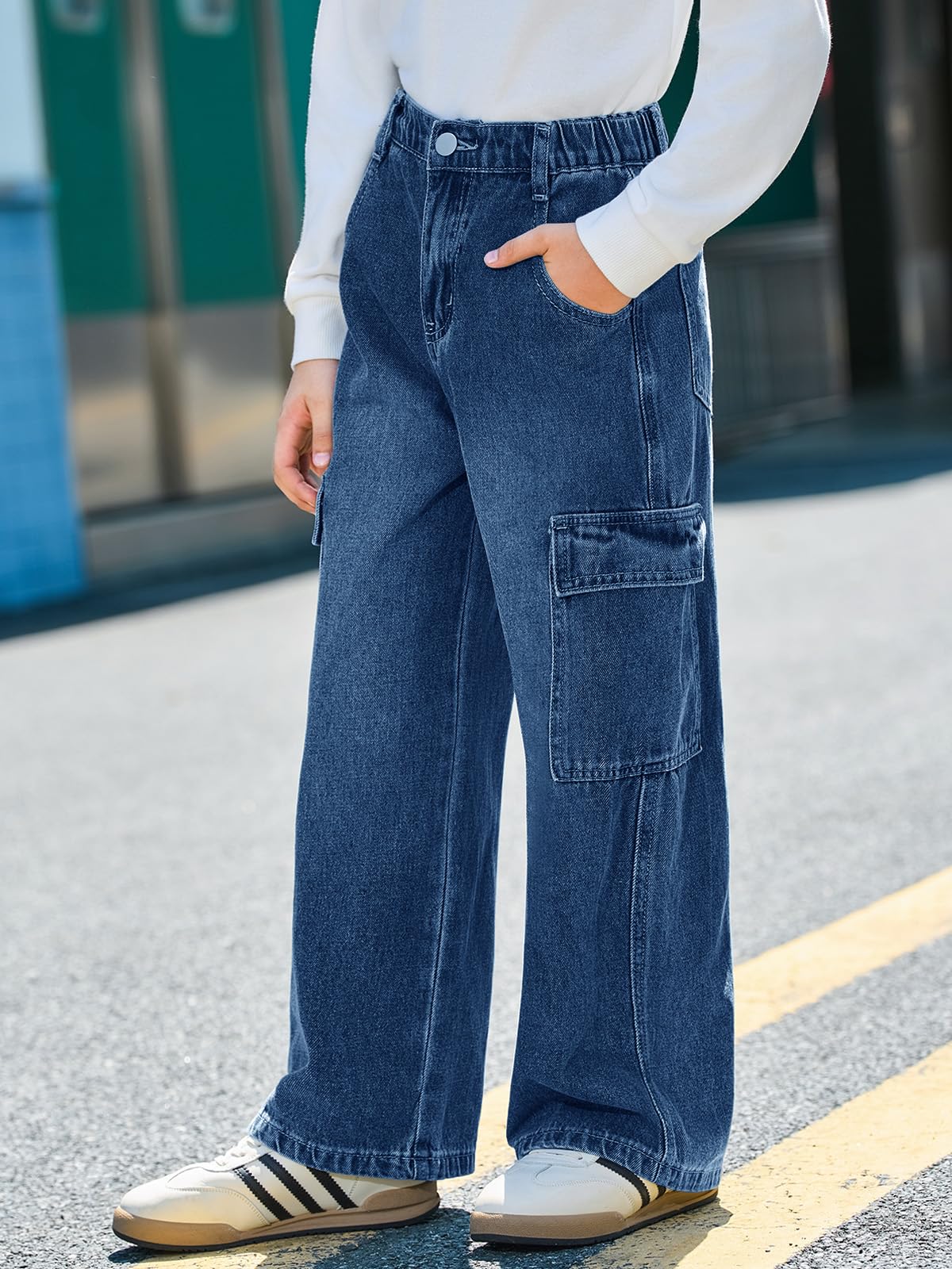 Haloumoning Jeans cargo per bambini larghi con elastico in vita pantaloni in denim a gamba larga con tasche 5-14 anni