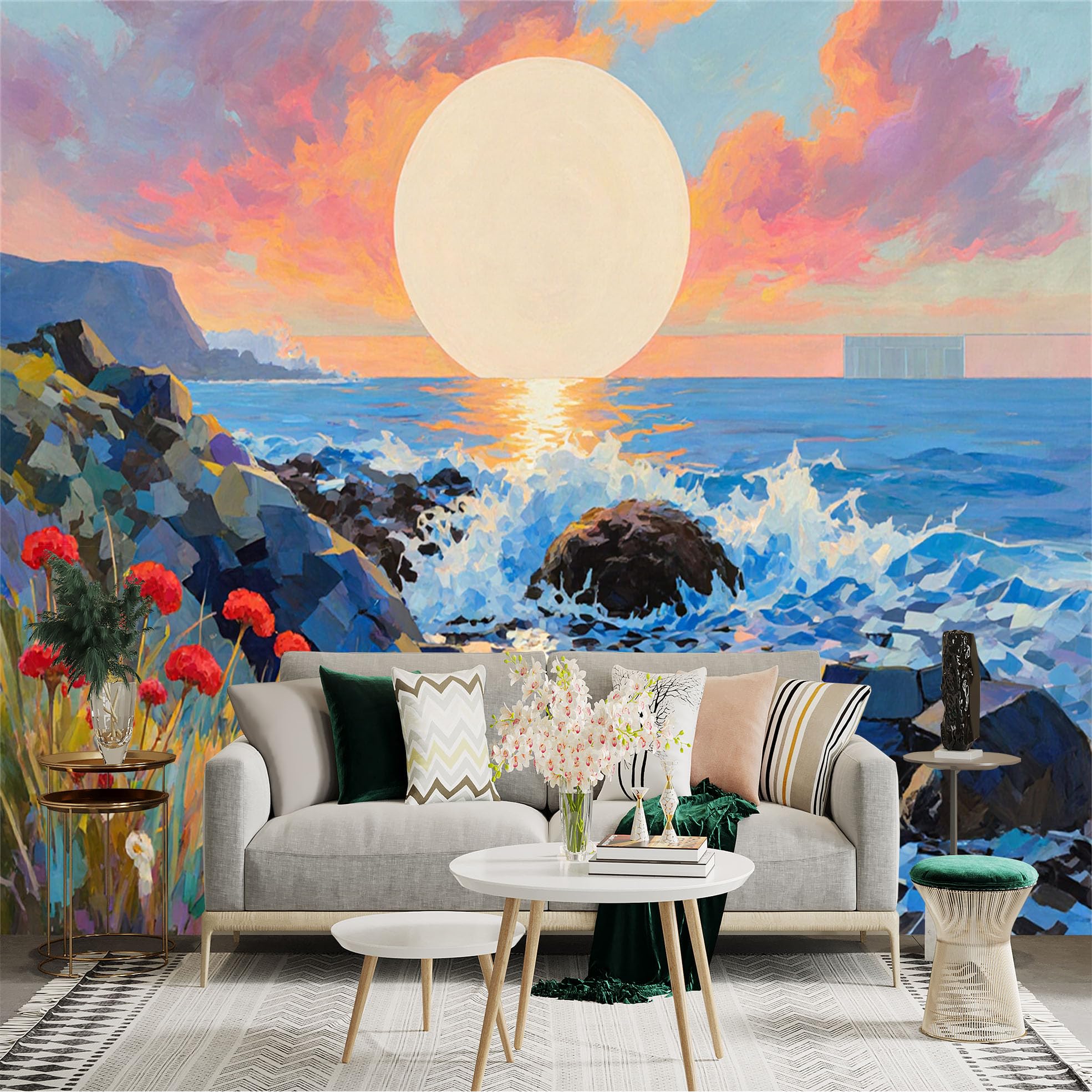 Lnzczhyre Xc260505452 Custom Size Wall Sticker Mural， Sunset Over Ocean Waves， Rocky Coast With Vibrant Flowers， Impressionist Seascape， For Wall Decoration， Peelandstick Wall Decals.