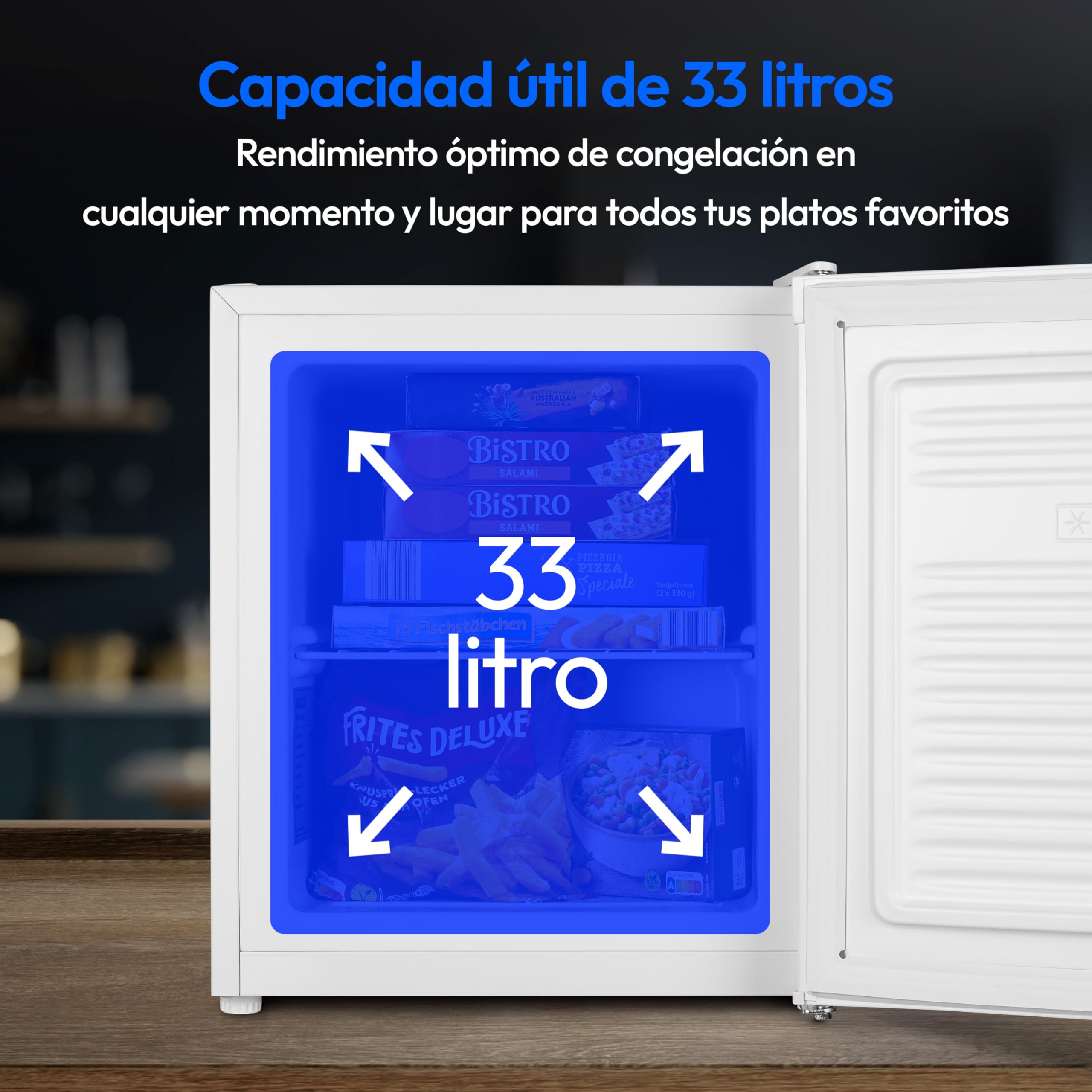 MEDION Minicongelador (33 litros de capacidad útil, 51 cm de altura, patas regulables en altura, asa empotrada, temperatura regulable manualmente, 4 estrellas, MD37675)
