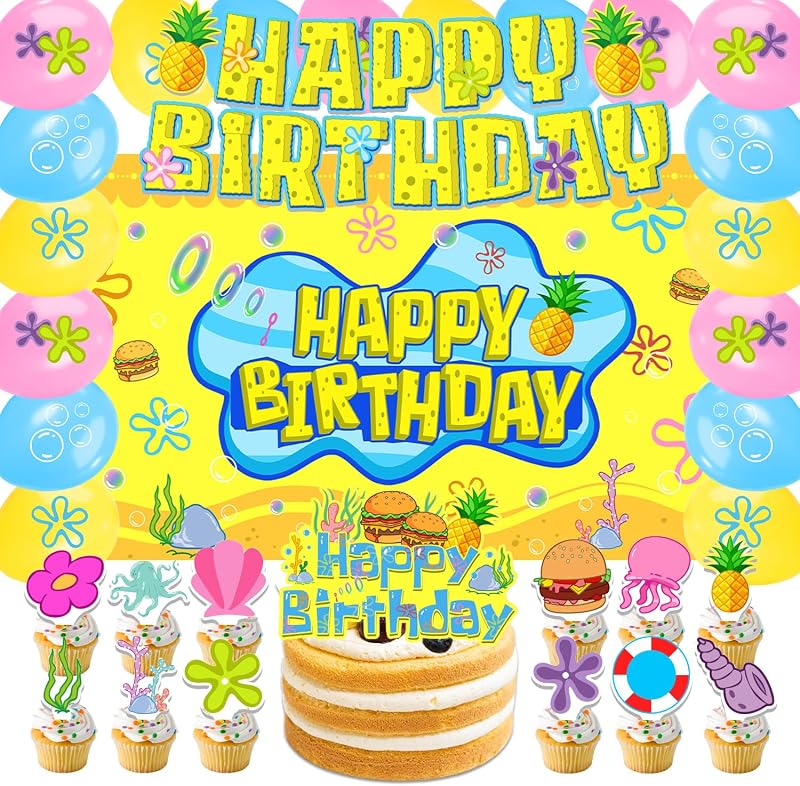 42 piezas de esponja de dibujos animados para fiestas de cumpleaños, adornos para tartas de feliz cumpleaños, pancarta de globos y telón de fondo, decoraciones para fiestas temáticas amarillas