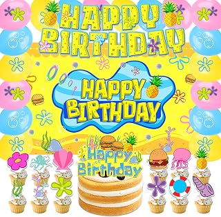 42 piezas de esponja de dibujos animados para fiestas de cumpleaños, adornos para tartas de feliz cumpleaños, pancarta de globos y telón de fondo, decoraciones para fiestas temáticas amarillas