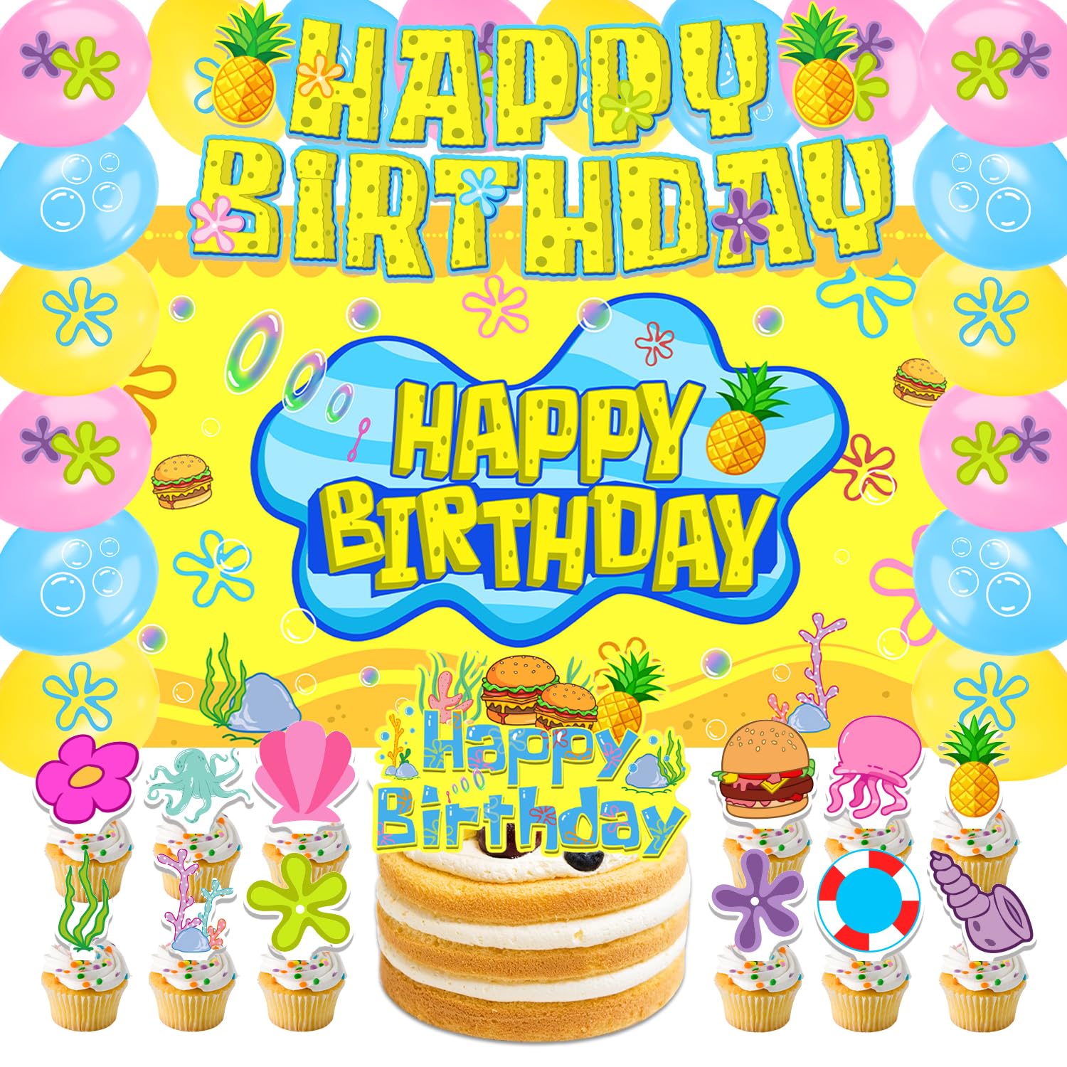 42pcs Yellow Cartoon Birthday Party Decorations Includes Cake Toppers,Cupcake Toppers, Banner, Backdrop, Balloons - Cartoon Theme Party Supplies Set