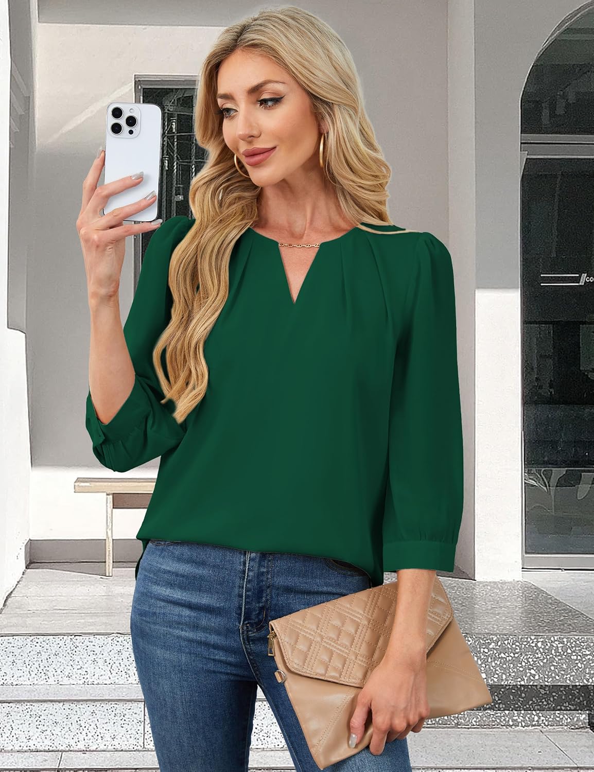 3/4 Length Sleeve Womens Tops Work Business Dressy Casual Blouses Chiffon Elegant Shirts Fashion Outfits - Image 5