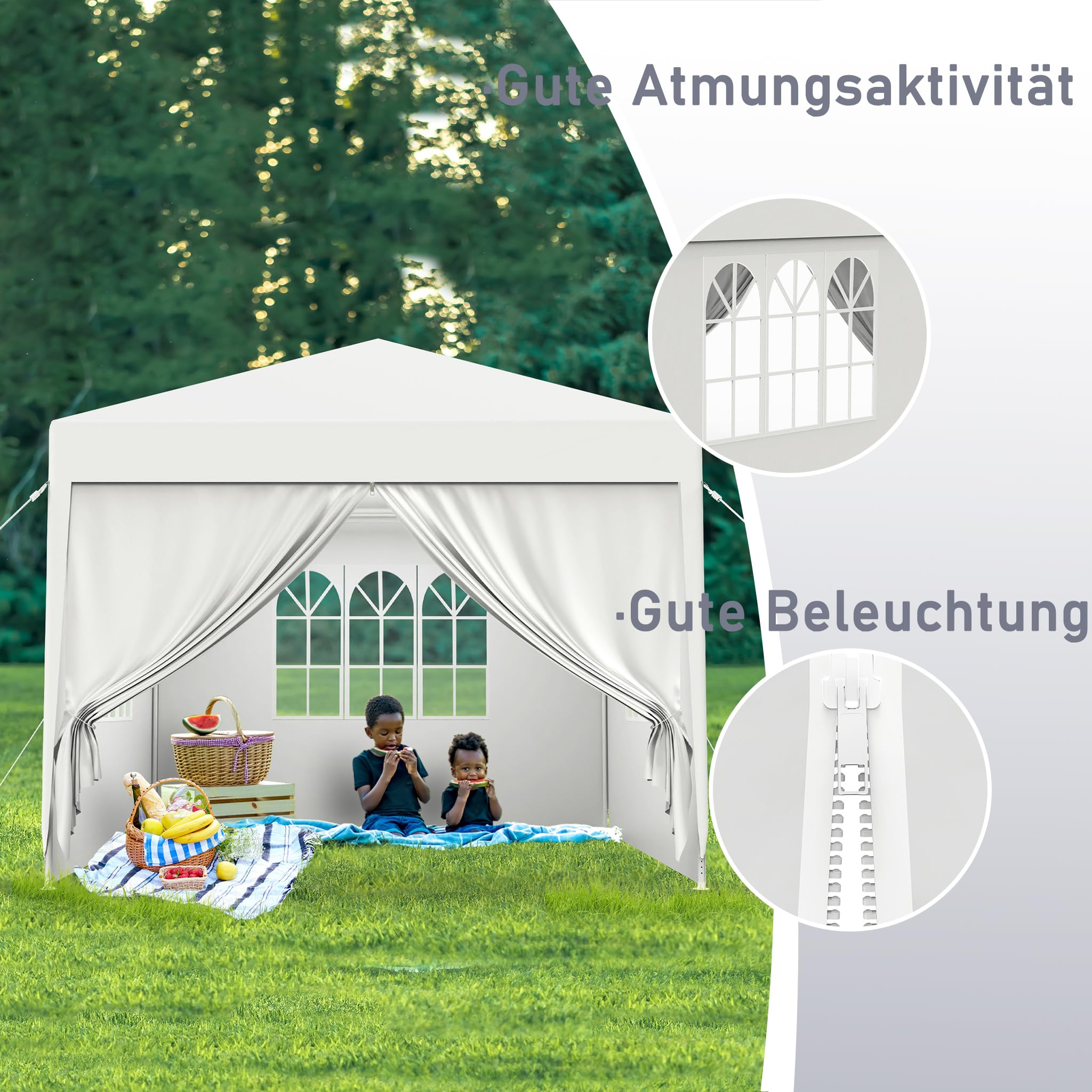 FIVMEN Gazebo Esterno Resistente da Giardino 3 x 6 m con Pannelli Laterali e Finestre in Poliestere Gazebi Tendone per Feste Protezione UV Impermeabile Tenda per Esterni, Bianco