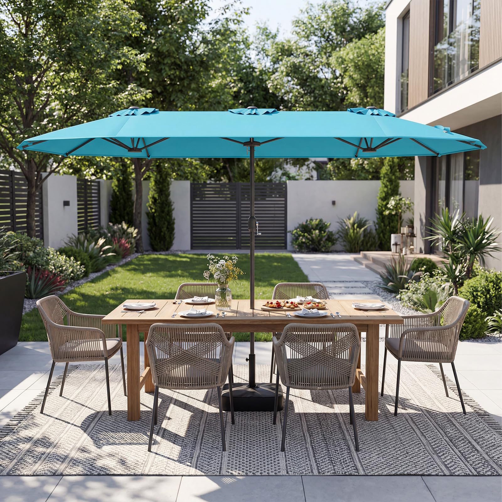 COSTWAY Podwójny parasol przeciwsłoneczny ze stojakiem, 400 x 200 cm, duży XXL, UPF 50+, parasol ogrodowy z korbą, parasol tarasowy, do ogrodu, na taras i basen