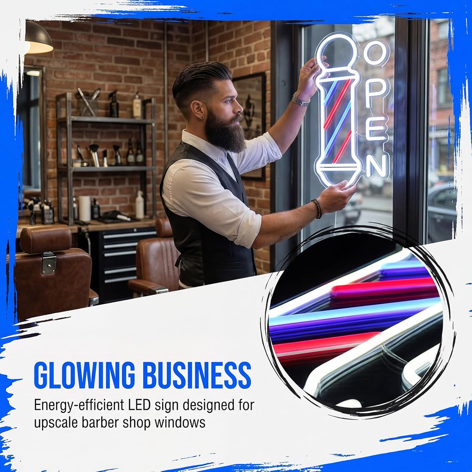 Barbershop Open Neon Sign Hair Salon Supplies Neon Lights Wall Decor for Barbershop, Barber Pole Logo Barber Shop Barber Supplies, Barber Accessories, Dimmable USB Power Blue Red White(16.5"x7.8")