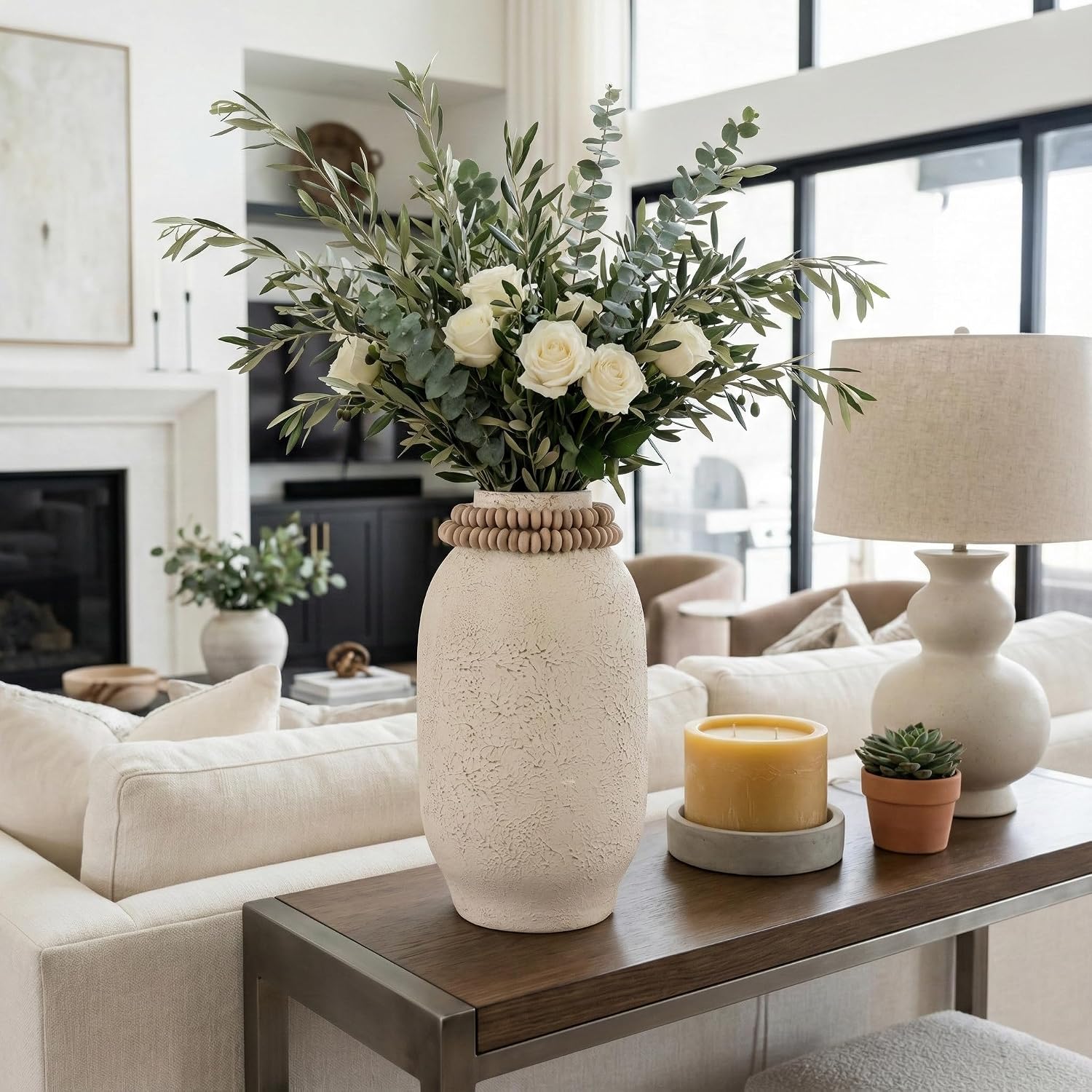 Textured Ecomix Vase for Living Room and Home Decor - Modern House Display Accent with Beaded Collar Detail for Bedroom Styling - Flower Vase for Office and Table Centerpiece - 16", Ivory & Tan