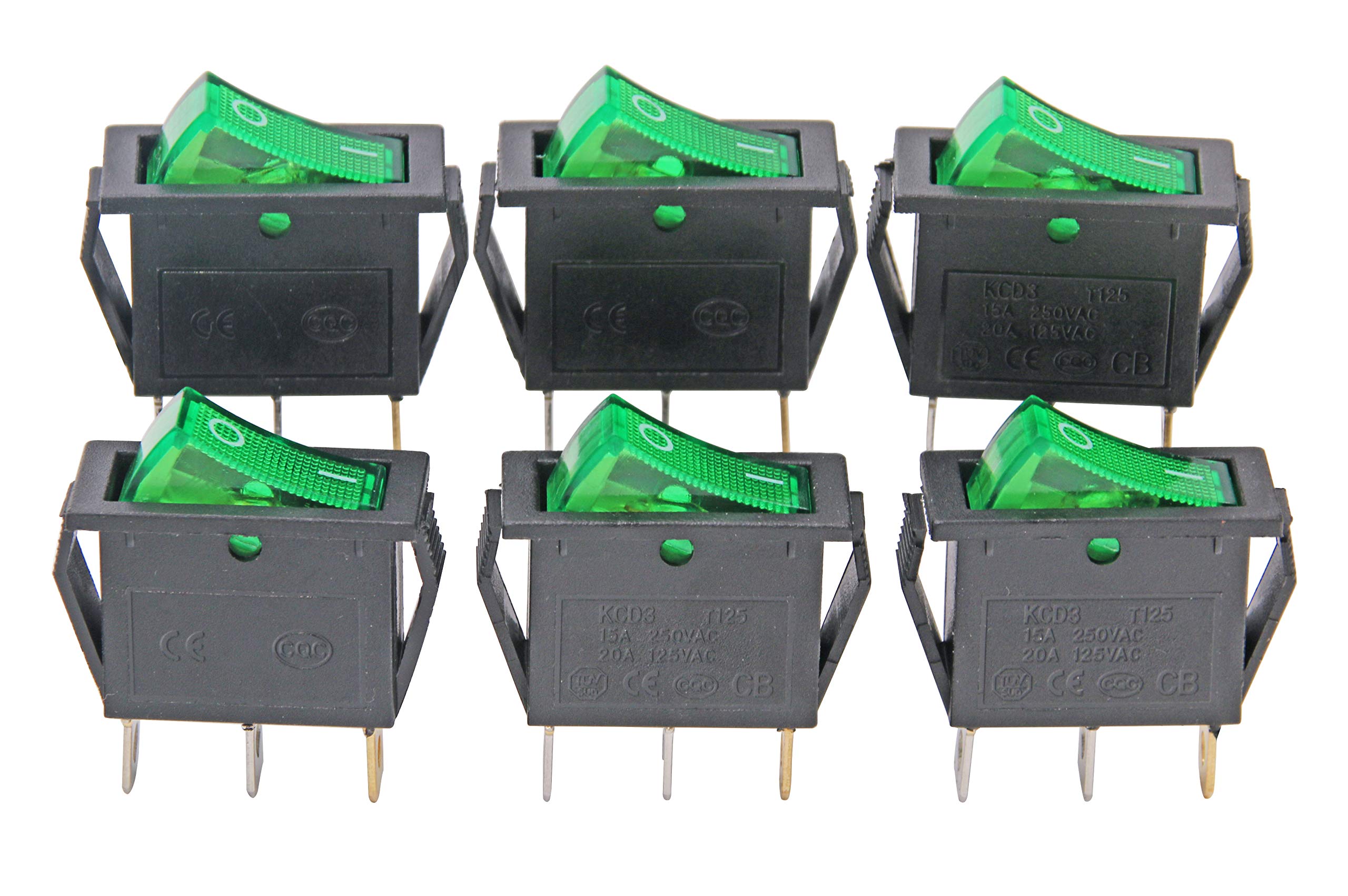 RuoFeng15A 250V/20A 125V 3 Pin AC Rocker Switch KCD3 Switch 6 Pcs Green