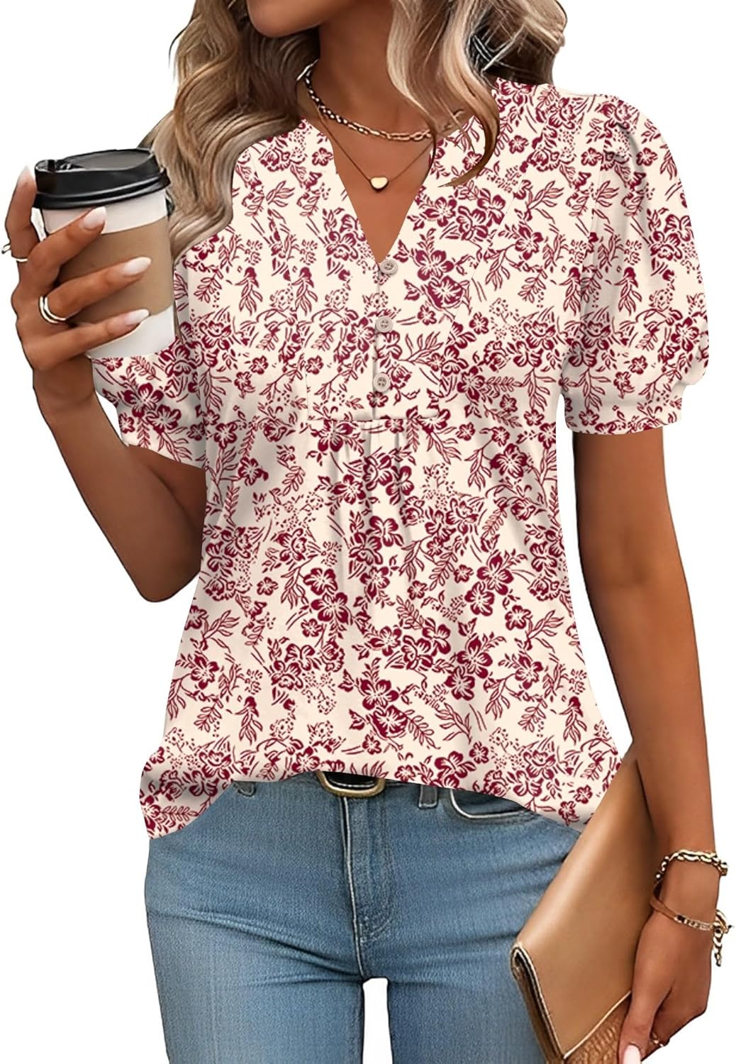 IECCP Womens Tops Puff Short Sleeve Shirts Dressy Casual Henley V-Neck Summer Tops Pleated T-Shirts Loose Fit Tunic Blouses