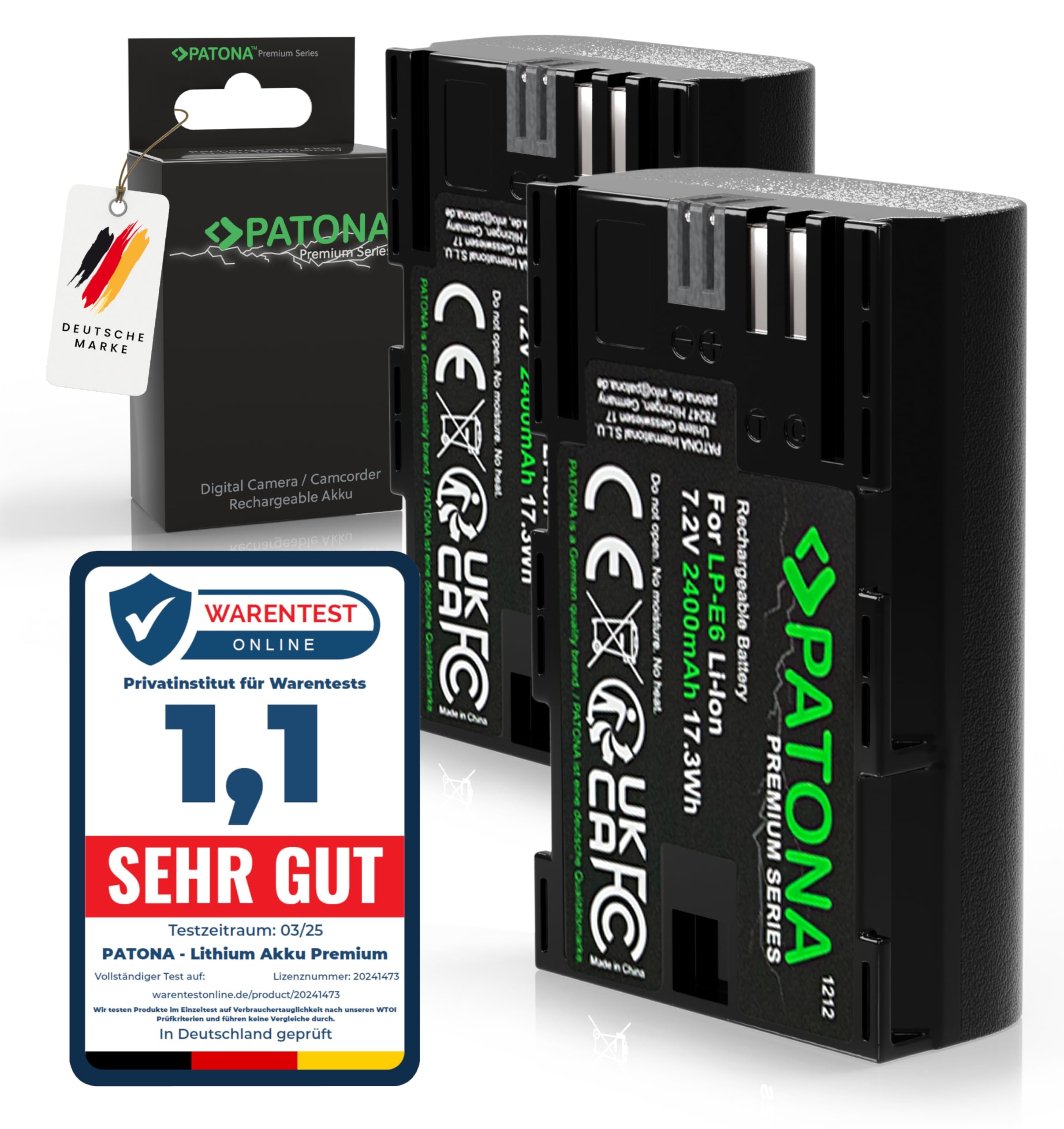 PATONA 2X Premium Akumulator do Canon LP-E6 LPE6 2400mAh | Akumulator zamienny do EOS 5D Mark II III IV 5DS R R5 6D 7D 60D 60Da 70D 80D 90D XC10 XC15 WFT-E5 E7, z ochroną zwarciową