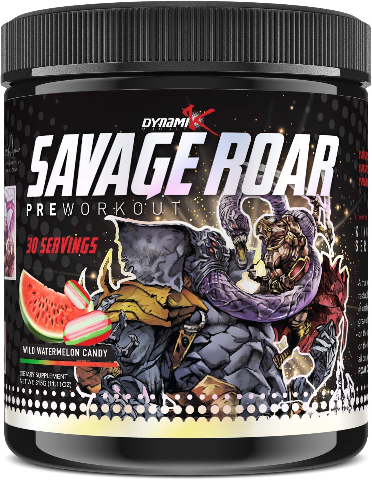 Dynamik Muscle Savage Roar Preworkout 30 Servings , Formulated by Kai Greene, 0 Artificial Colors, 0 Artificial Dyes, 0 Proprietary Blends, New Formula (Wild Watermelon Candy)