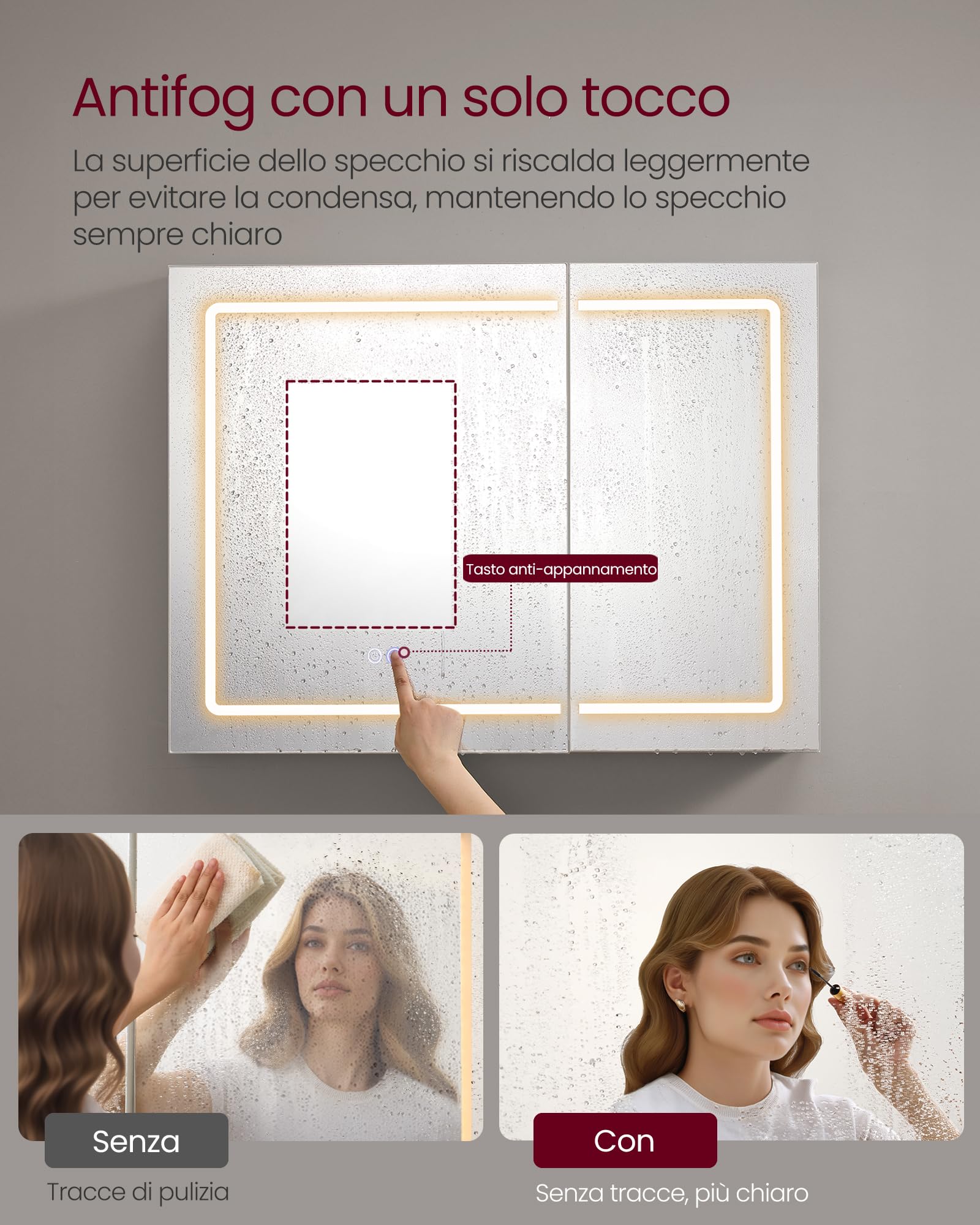 VASAGLE Kailyn Collezione - Armadietto a Specchio da Parete per Bagno con LED, Presa Multipla, Funzione Antiappannamento, Specchio Ingranditore 10x, Stile Moderno, 16,5 x 80 x 60 cm, Bianco BBK134W01