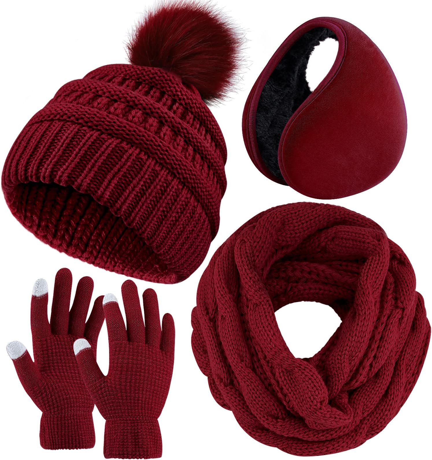 4-In-1 Winter Warm Sets Knitted Scarf Touch Screen Gloves Beanie Pompom Hat and Winter Ear Warmer for Men or Women