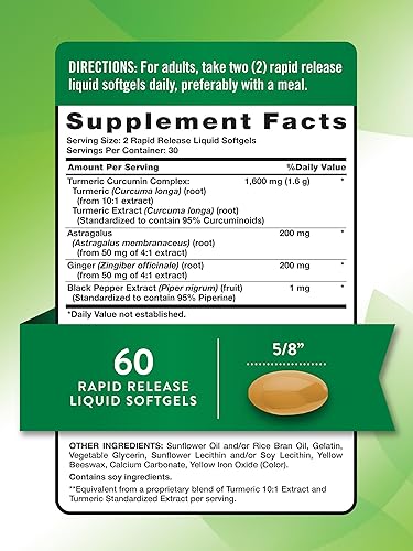 Miniatura 2 de Nature's Truth Complejo de curcumina de cúrcuma | 1600 mg | 60 cápsulas blandas | con jengibre, astrágalo y extracto de pimienta negra | Suplemento