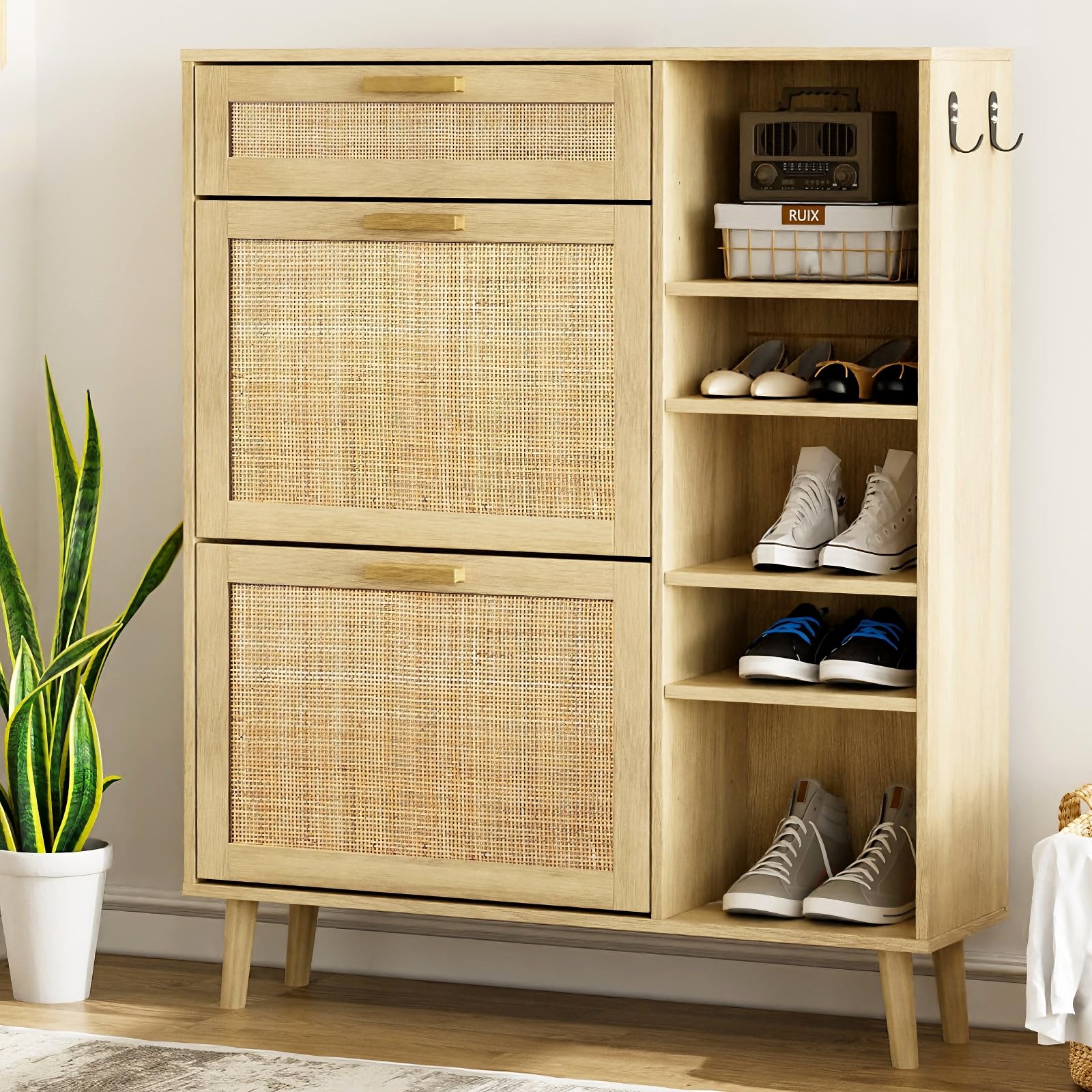 VINGLI Rattan Shoe Storage Cabinet with 2 Flip Drawers & Side Adjustable Shelves, Slim Shoe Organizer with Hooks,Boho Hidden Wooden Shoe Rack for
