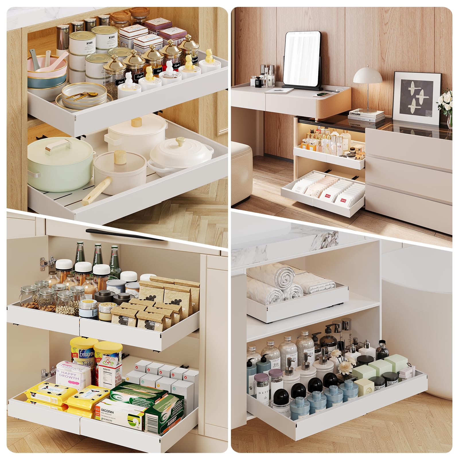 Teleskopschublade, Ausziehbare Schublade Küche Breite 32-52cm, Ausziehbarer Schrank Organizer mit Schienensystem, Stick Slide Out Auszug Küchenschrank für Küche Organisation, Weiß (4 Stück)