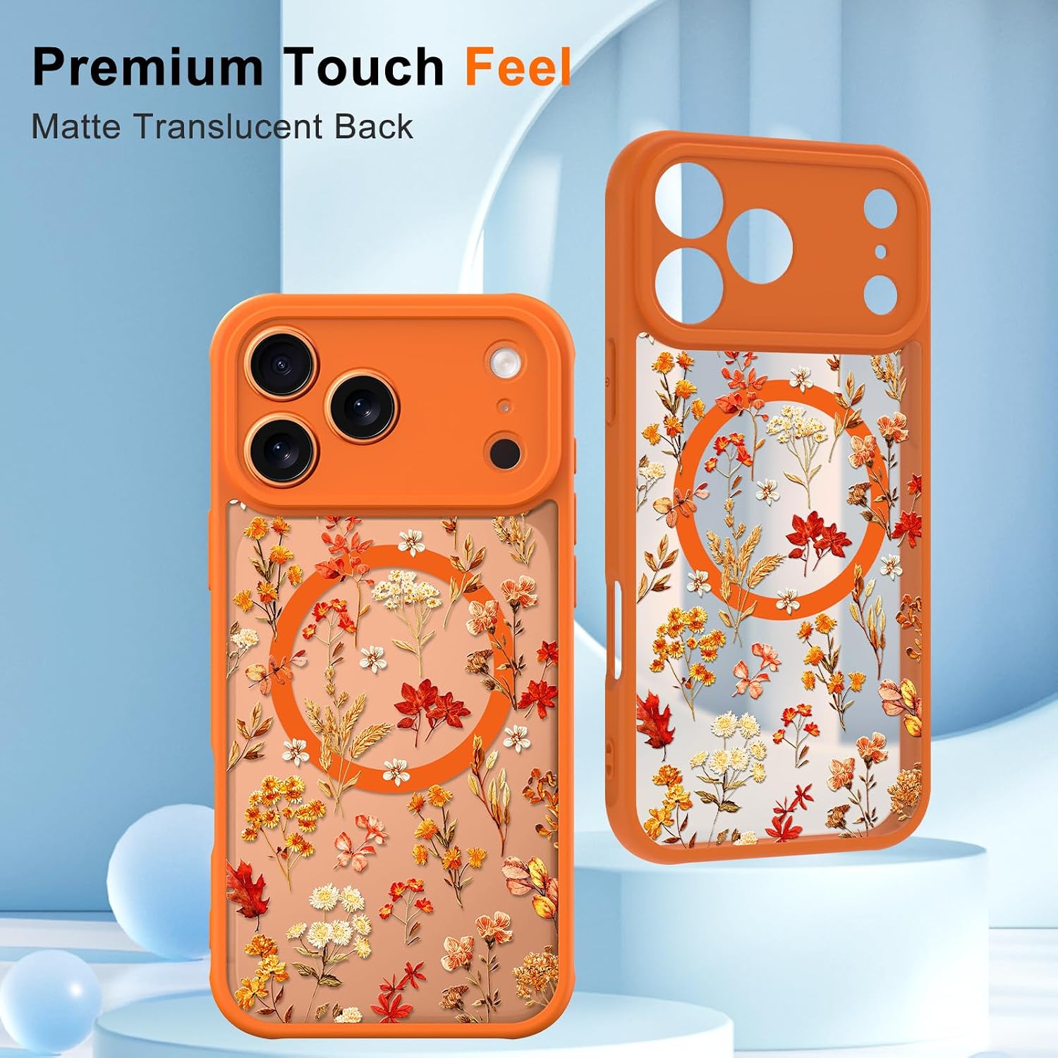 Fiyart Magnetic for iPhone 17 Pro Max Case Cute Fall Flower Floral Pattern Compatible with MagSafe Slim Translucent Matte Shockproof Phone Bumper for Women Girls-Orange