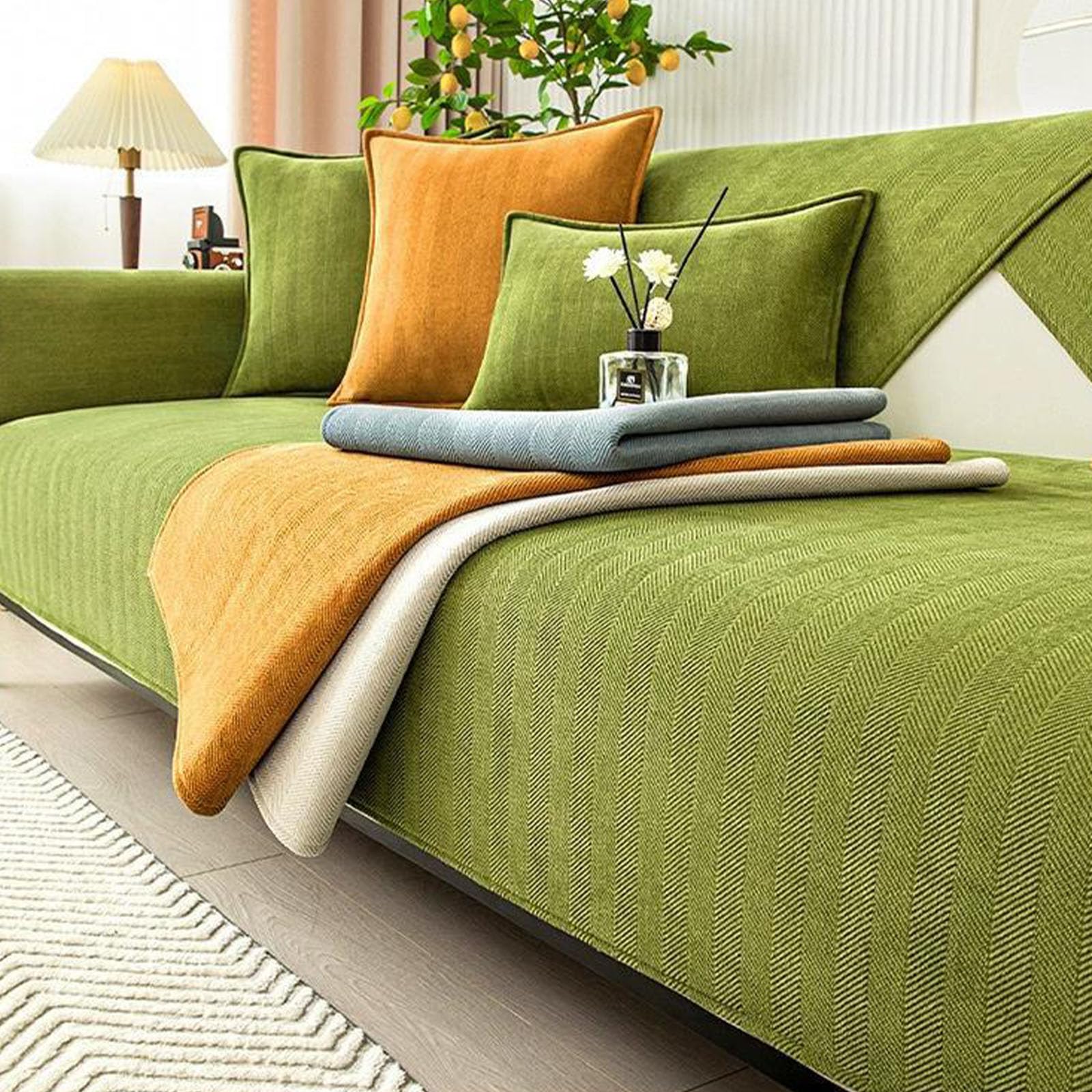 Twaynorb Green Sofa Cover, Herringbone Chenille Fabric Furniture Protector Non Slip Sofa Cover 1 2 3 Seater (,90 * 160Cm)