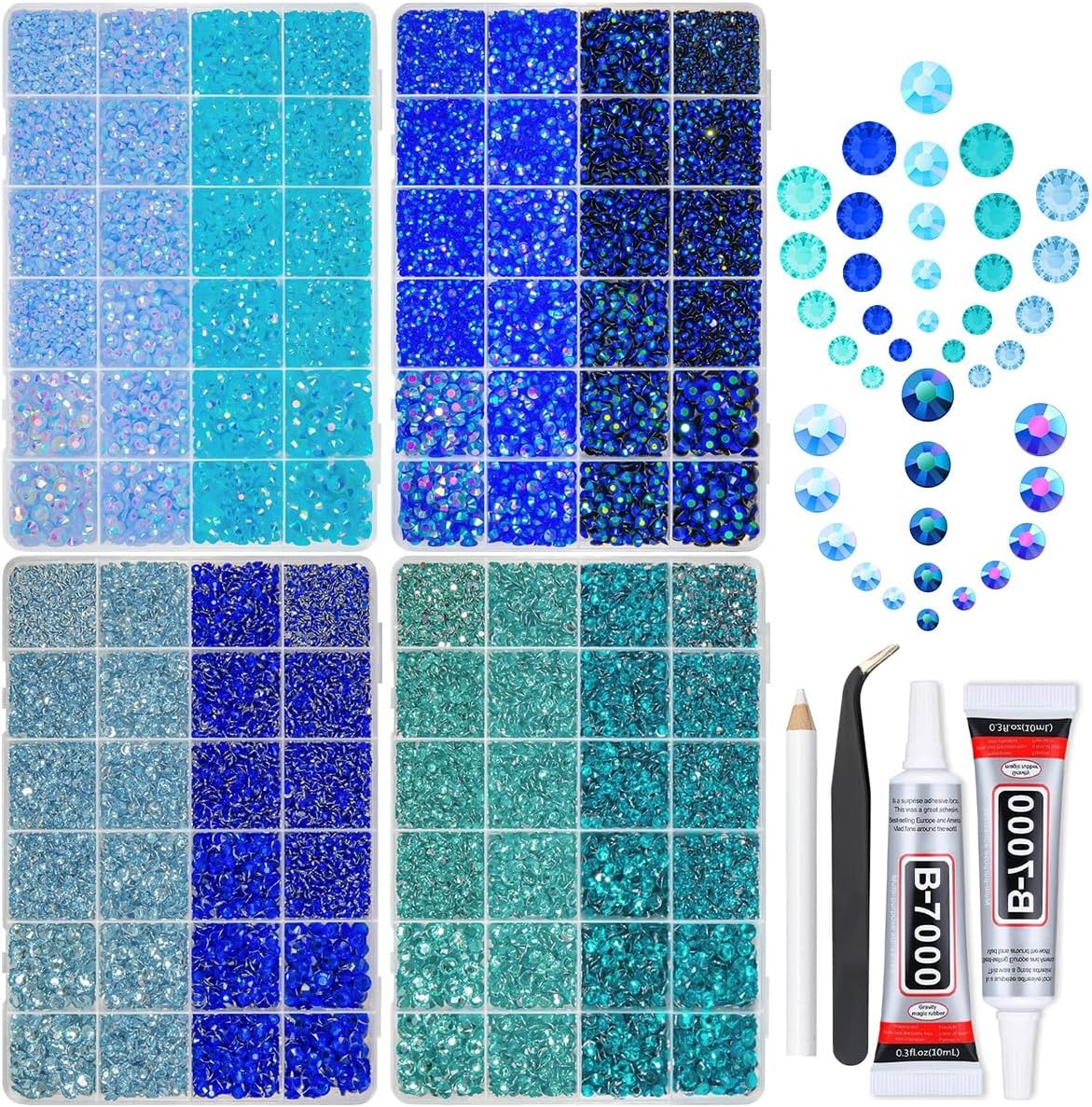 qiipii 8 Color 2-6mm Blue Jelly Resin Rhinestones w B7000 Jewelry Glue for Bedazzling Crafting Flatback Stones Gems Diamonds for Nails Face Eyes Makeup Tumblers Bottles DIY Crafts Clothes Shoes Phones