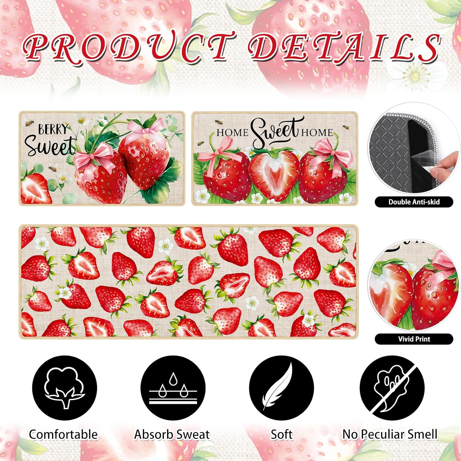 Strawberry Kitchen Mats Set of 3, Berry Sweet Fruit Kitchen Rugs Non Slip for Floor, Home Sweet Home Spring Summer Decorative Rug for Home Decor(16x28 +16x47 Inches)