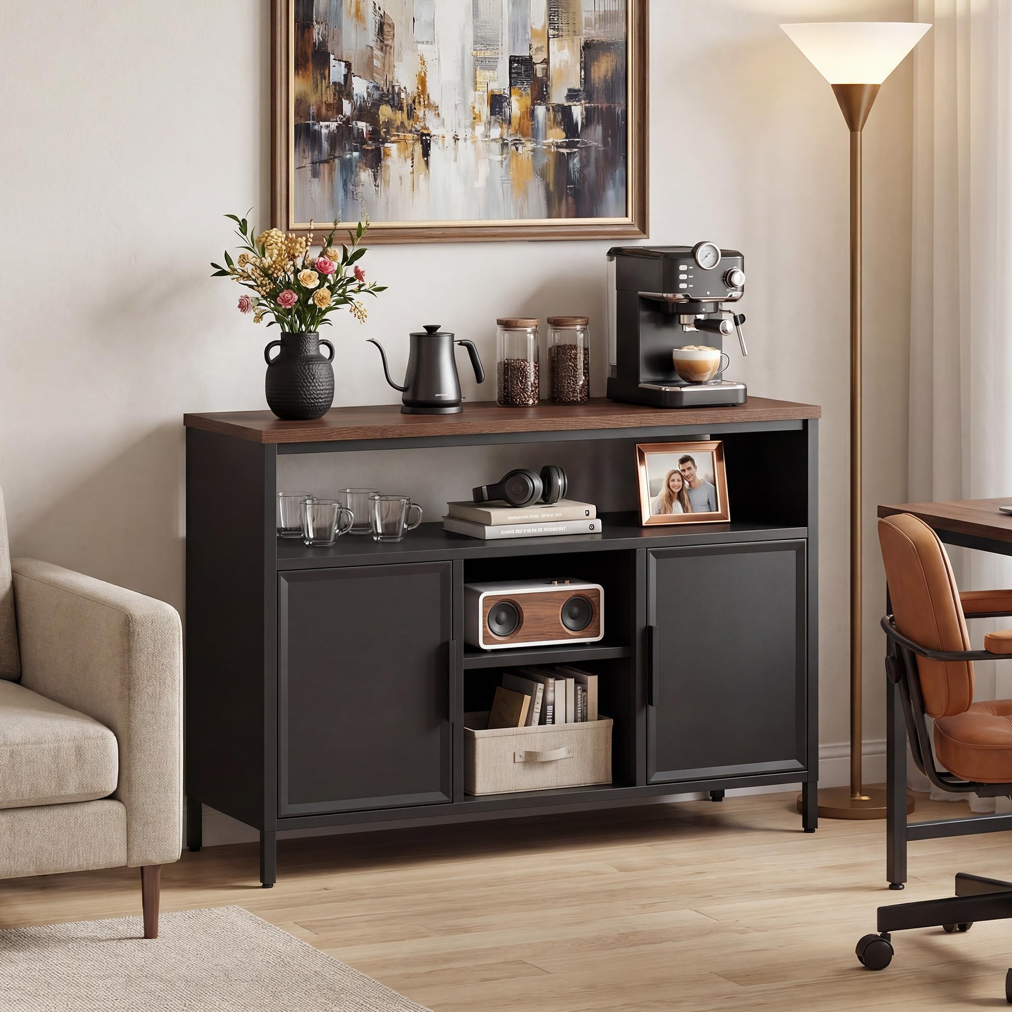 YITAHOME Aufbewahrungsschrank, Metallschrank, Sideboard, Schrank mit Doppeltür, Magnetverschluss, verstellbare Einlegeböden, Stahlgestell