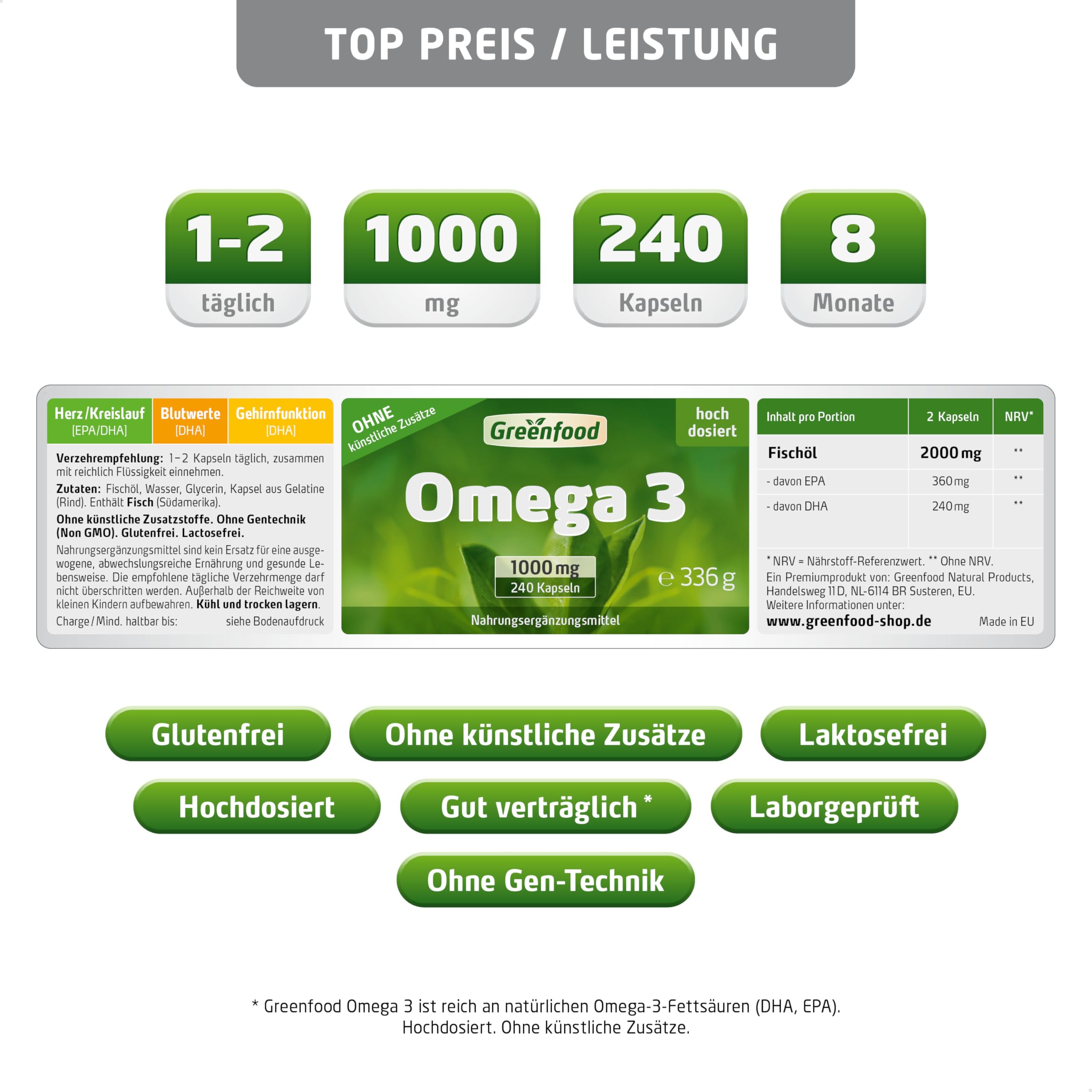 Omega 3 Fischöl, 1000 mg, extra hochdosiert, 240 Softgels - reich an EPA/DHA. Gut für Herz (EPA/DHA), Sehkraft (DHA), und Gehirnfunktion (DHA). OHNE künstliche Zusätze. Softgel-Kapseln.