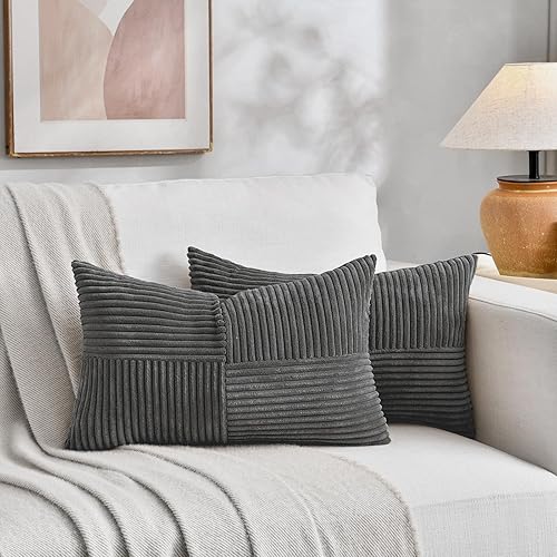 Miniatura 5 de Fancy Homi - 2 fundas decorativas para cojín lumbar y rectangular de pana suave y texturizada a rayas, decoración de casa de campo para sala, cama y