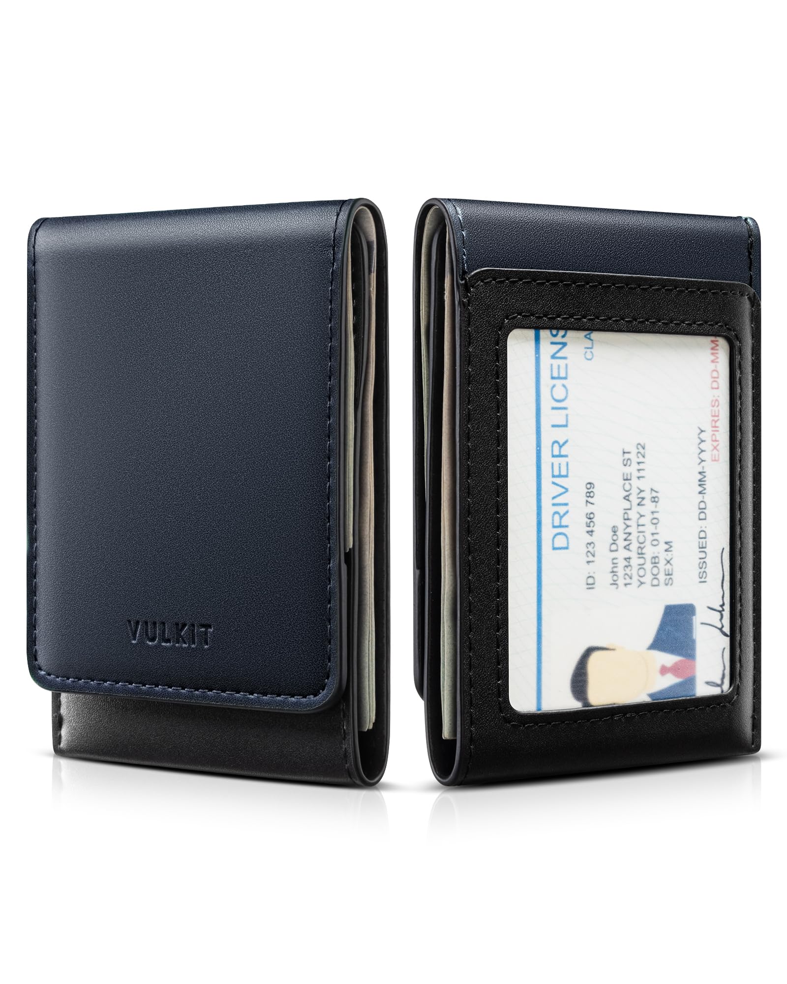 Leather Money Clip with 2 Card Holders and ID Window, Magnetic Closure, Navy Blue and Black-image-17