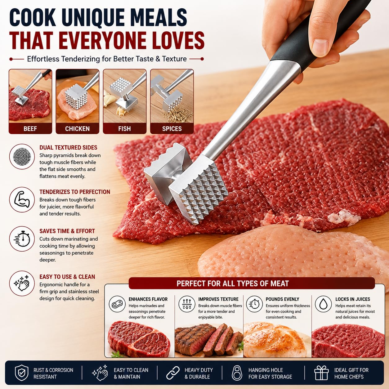 Zollyss Stainless Steel Meat Tenderizer Hammer | Dual-Sided Meat Mallet with Rubber Grip Handle | Meat Pounder for Steak, Chicken, Beef, Pork & Fish | Heavy Duty Kitchen Meat Hammer (Black) 3