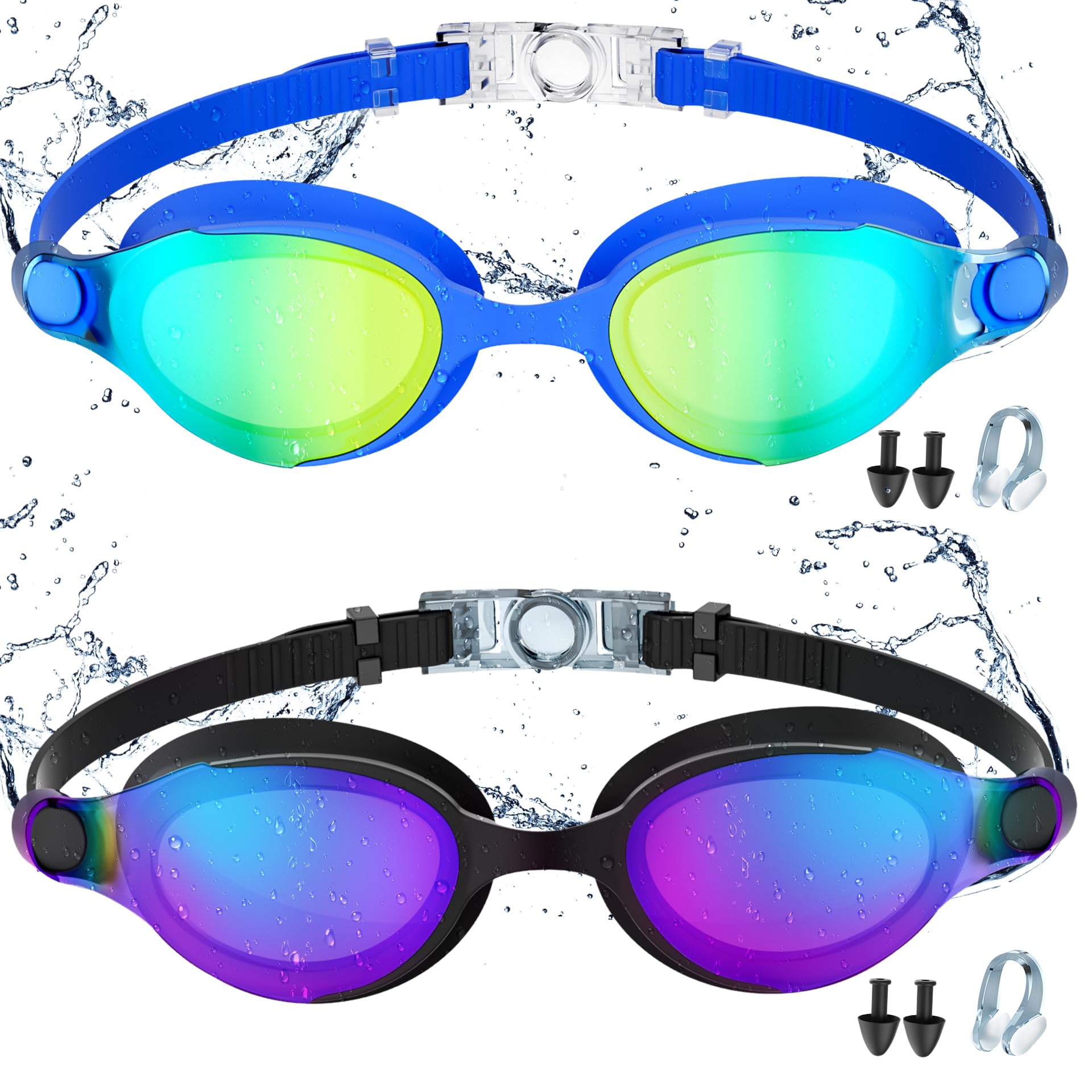 Estefanlo Swimming Goggles, 2 Pack Swimming Goggles Kids 6-14, Goggles Swimming Adult, Goggles (black+blue)
