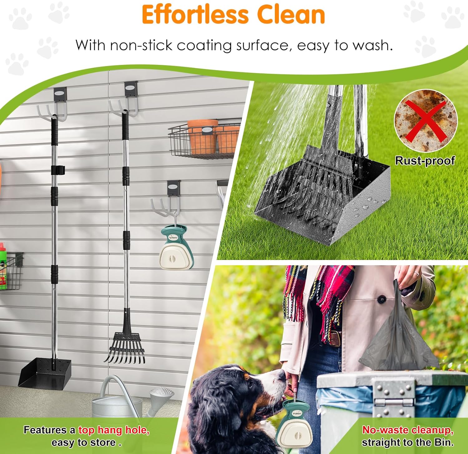 lychee Heavy Duty Stainless Metal Dog Pooper Scooper Tray and Rake Set for Yard- Portable Pooper Scooper for Small to Medium Dogs, Adjustable Long Handle,Rust-Proof, with Bag Attachment, Leash Clip
