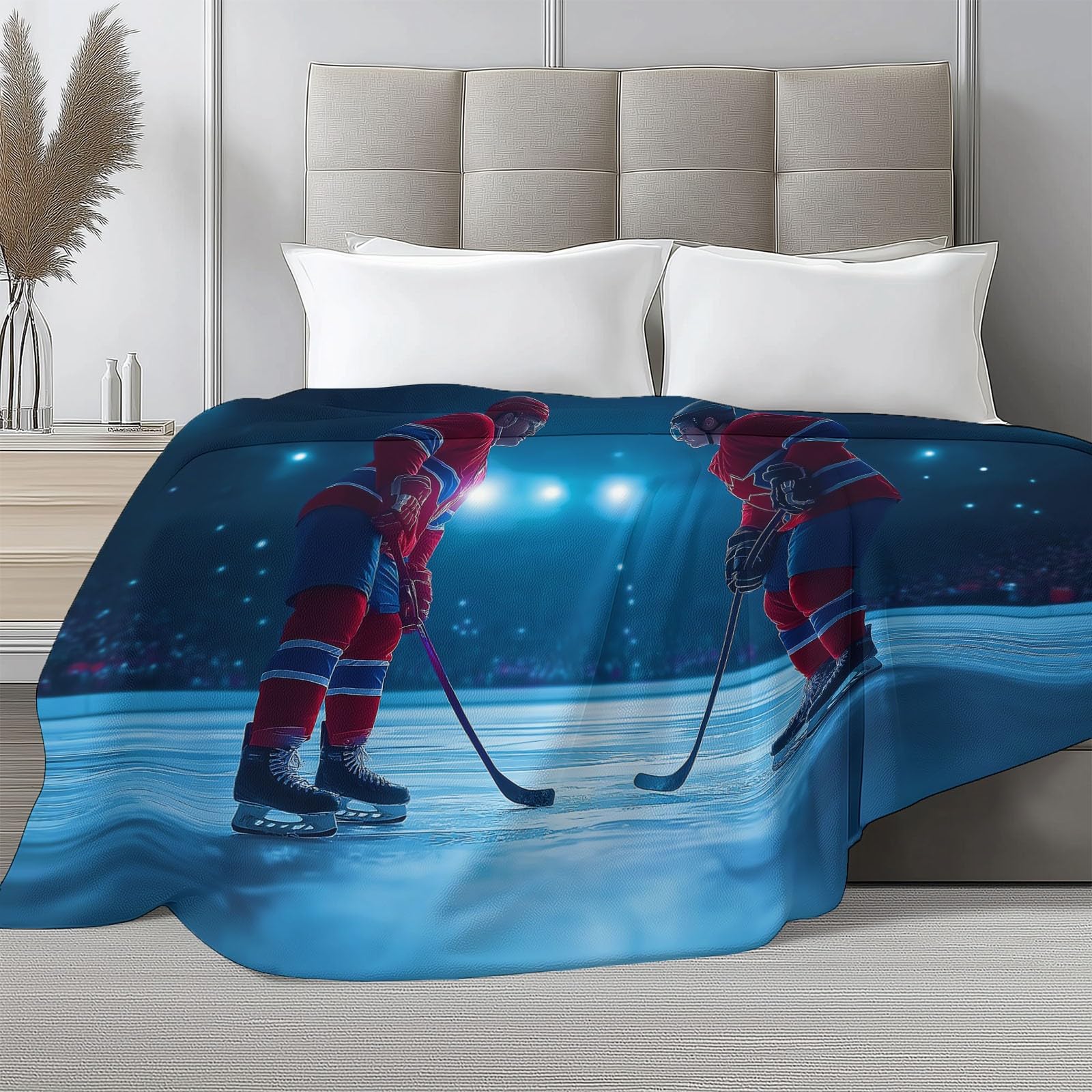 Genérico Polarowy koc flanelowy dla dzieci i dorosłych 200 x 200 cm, koce na sofę z nadrukiem surrealizm sport hokeiści - niebieski miękki ciepły ciepły oddychający lekki koc
