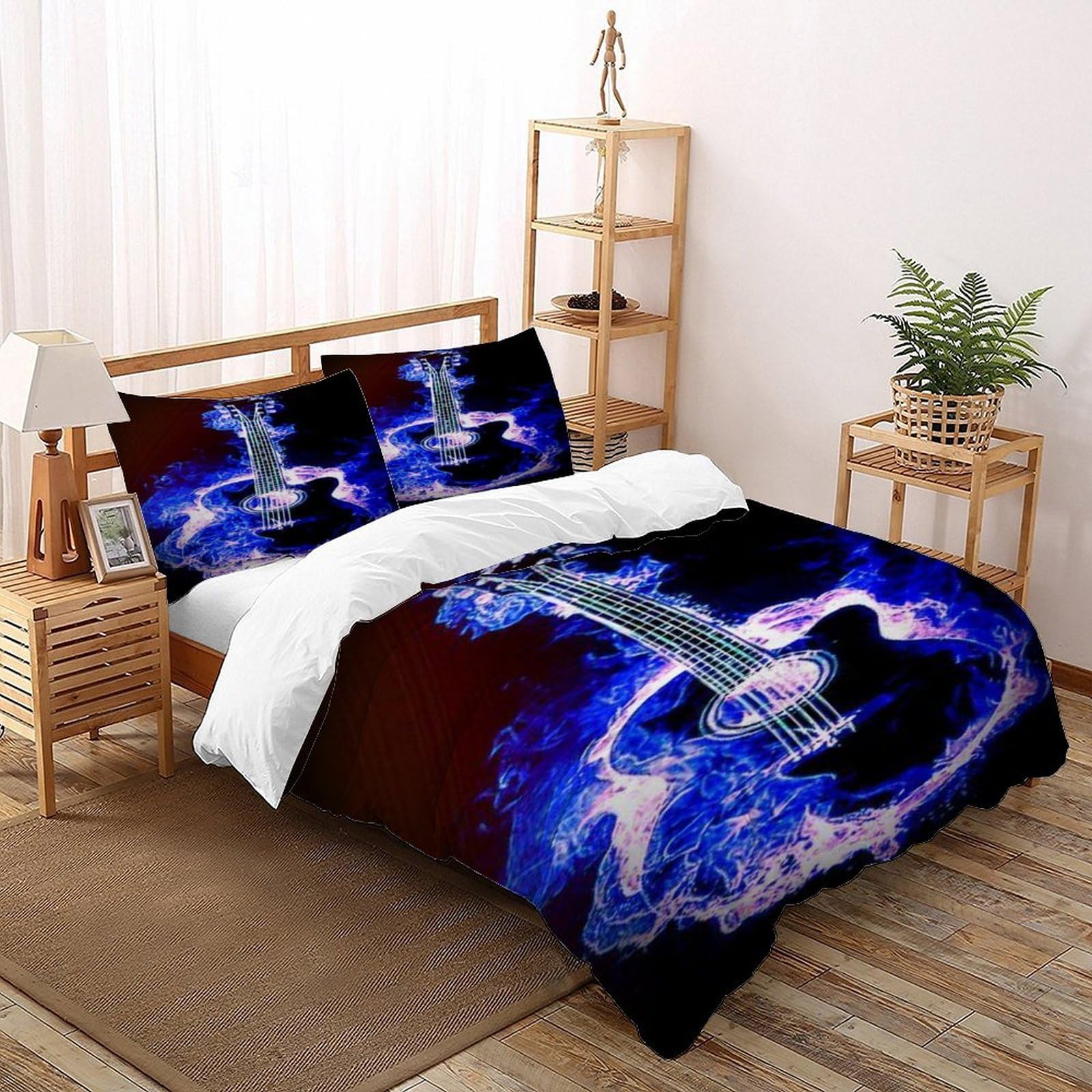 Guitar Flame Bedding Set 3D Digital Printing Space Theme Theme Duvet Cover Set Chic Breathable Quilt Cover Universal for All Seasons with Pillowcase Super King（260x220cm）