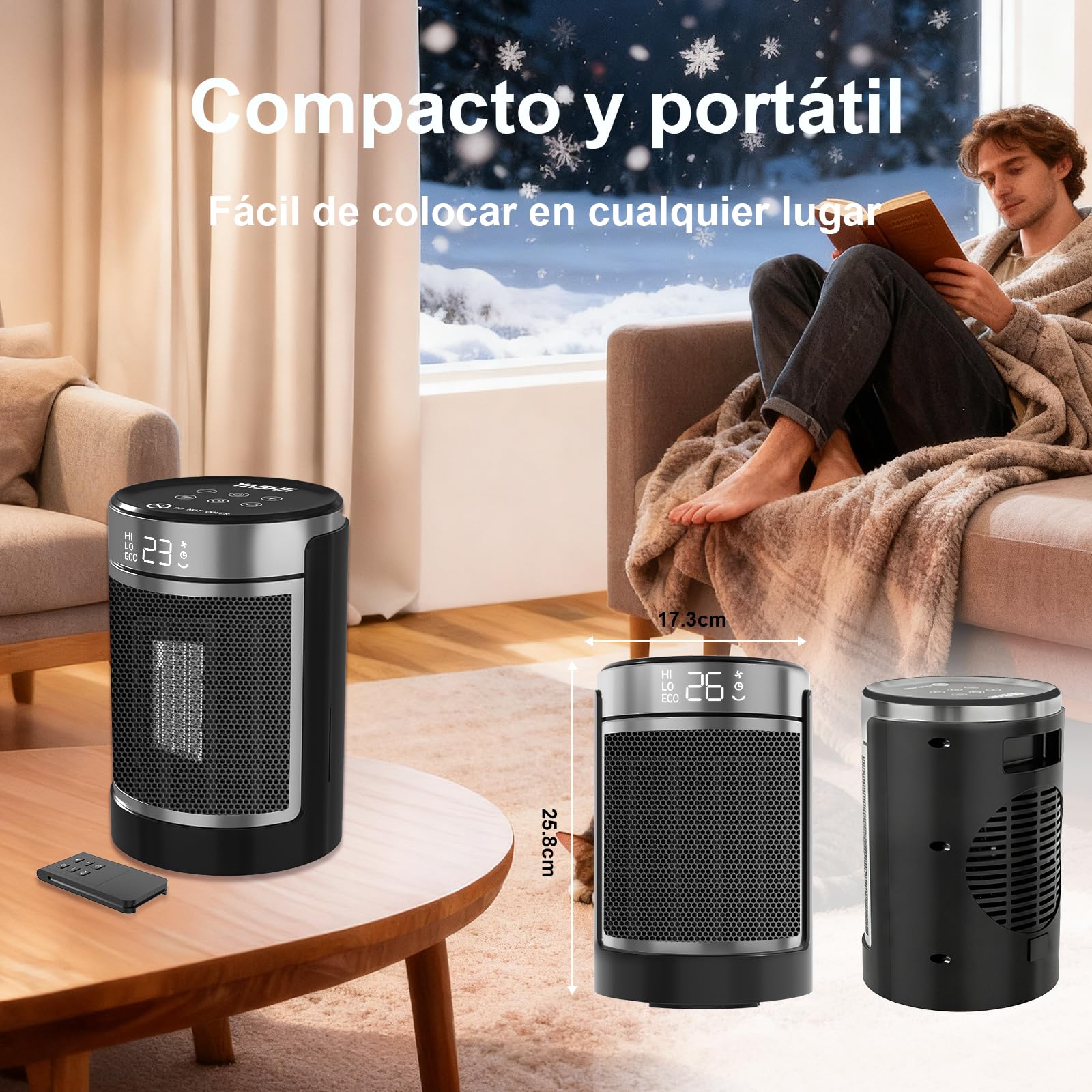 YASHE Calefactor Bajo Consumo PTC de 1500 W Con Ventilador y Ahorro de Energía, Control Remoto, Protección Contra, Oscilación de 70°, Sobrecalentamiento y Vuelco, Temporizador de 1 a 24 h