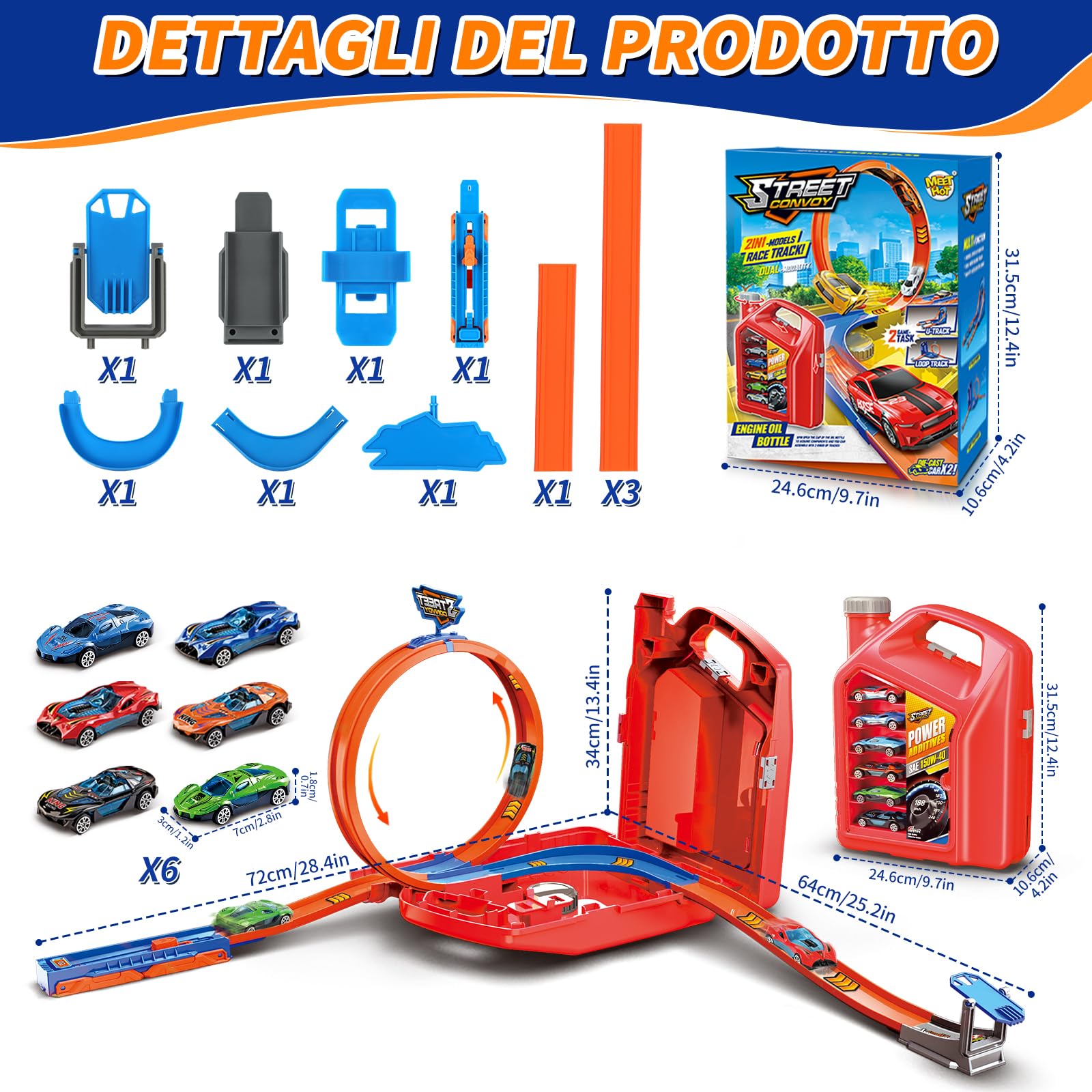 Charmofun Pista Macchinine 2 in1, Giocattolo Piste da Corsa con 6 Auto, Scatola Immagazzinaggio, Piste Macchinine per Bambini con Anello e Binari a U, Portatile Pista per Bambini 3+ Anni (Rosso)