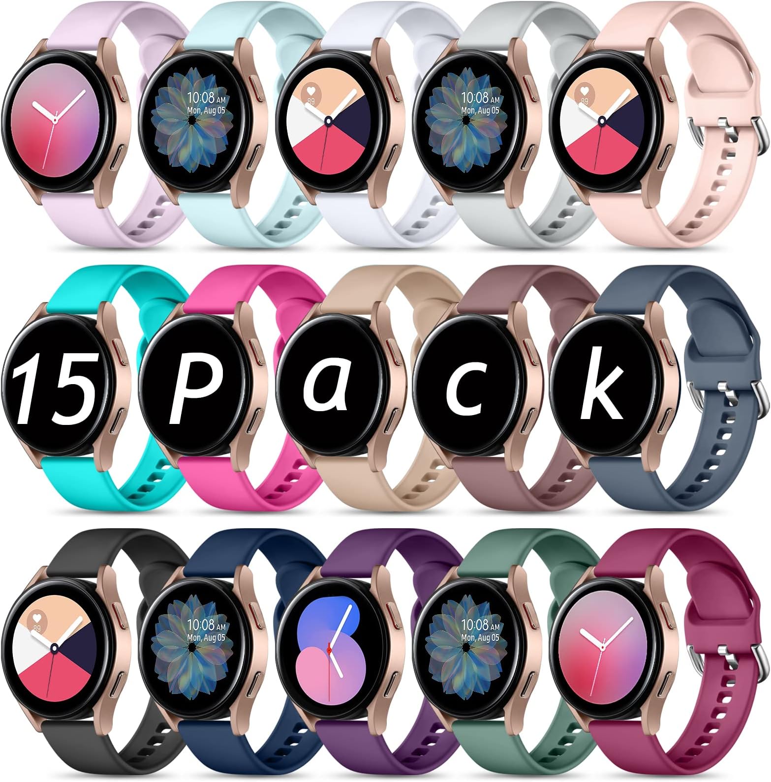Maledan 15 Pack Bands Compatible with Samsung Galaxy Watch 7 6 5 4 Band 40mm 44mm, Galaxy Watch 5 Pro 45mm/Watch 6 4 Classic 42mm 46mm 43mm 47mm/Active 2, 20mm Soft Silicone Sport Wristband Women Men