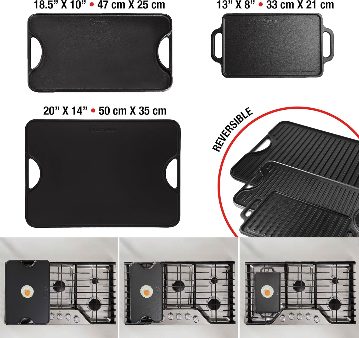 Victoria Rectangular Cast Iron Double Burner, Reversible Griddle Grill Seasoned with 100% Kosher Certified Non-GMO Flaxseed Oil, 13 x 8,3 Inch, Black: Home & Kitchen