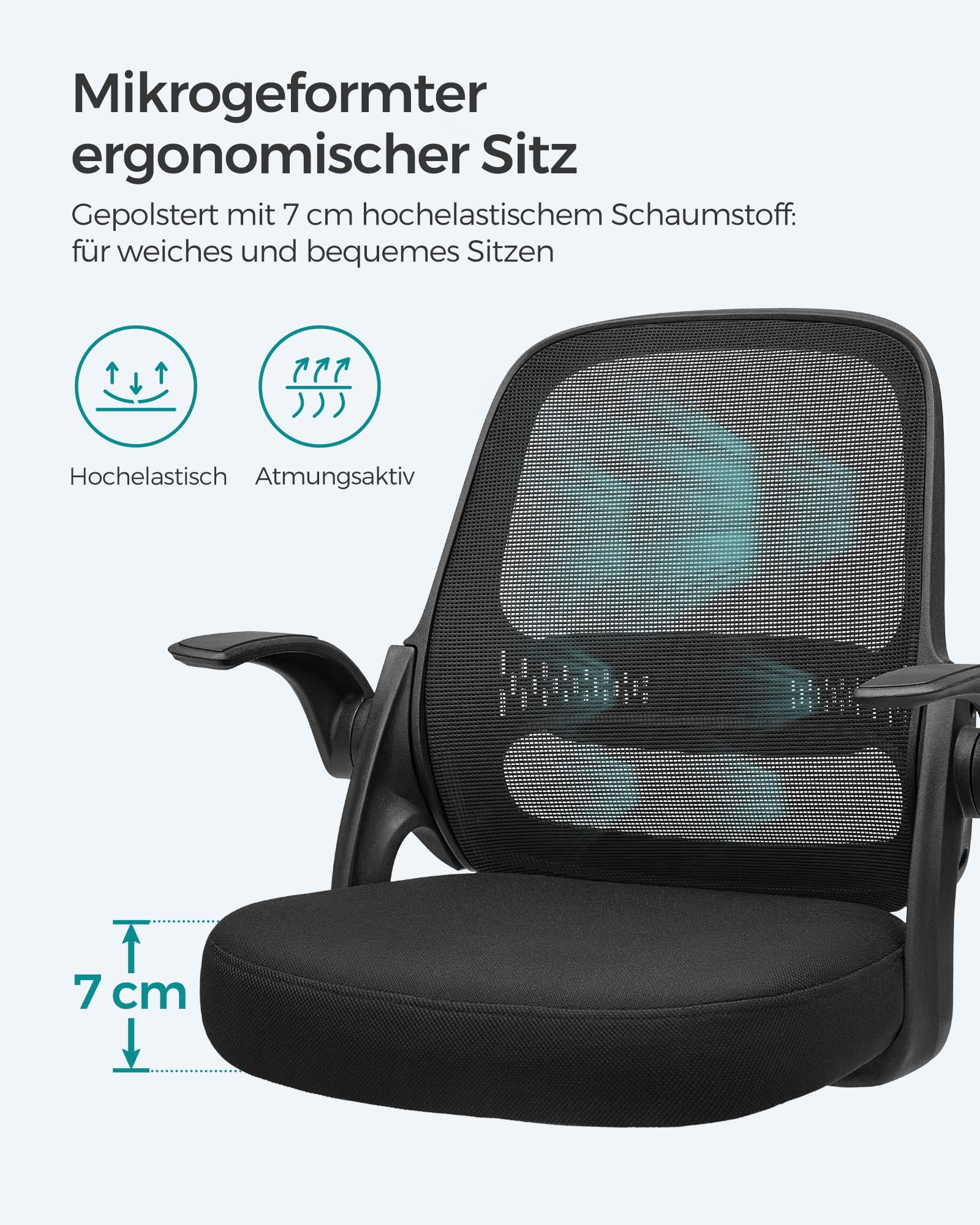 SONGMICS Silla de Oficina, Silla de Escritorio, Silla Giratoria Ergonómica, Silla de Ordenador, Altura Ajustable, Apoyabrazos Abatibles, Mecanismo de Inclinación, Negro OBN035B01