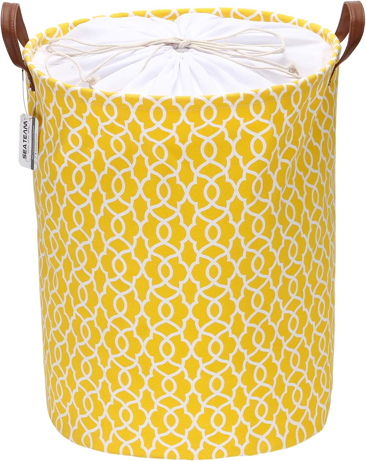 Sea Team Laundry Hamper Canvas Fabric Laundry Basket Collapsible Storage Bin with PU Leather Handles and Drawstring Closure (19.7"/Large, Geometric Pattern/Yellow)