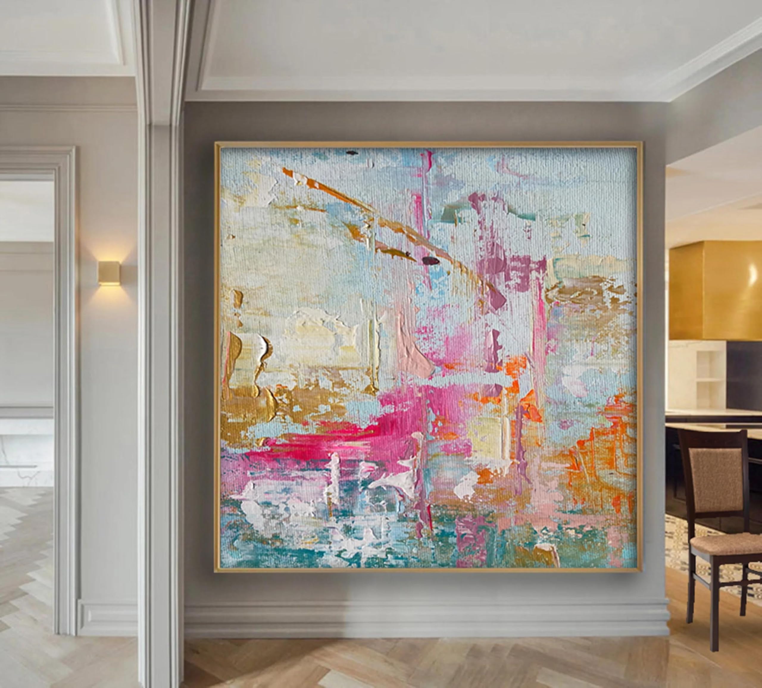 LIUYUYOUGO Colorful Abstract Wall Art 100% Hand-Painted Oil Painting On Canvas Wall Art For Living Room Bedroom Home Decor Frameless Pink Aesthetic Modern Landscape Artwork 60X60Cm(24X24Inch)