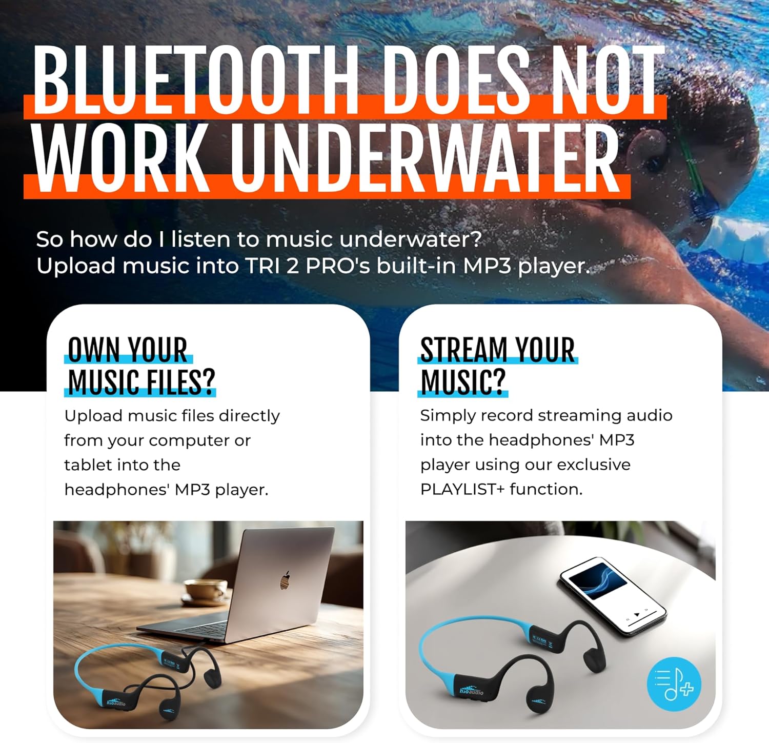 H2O Audio TRI 2 PRO Multi-Sport Waterproof Bone Conduction Open Ear Headphones, Bluetooth 5.3 for Running and Cycling, MP3 Mode for Swimming, IPX8, 8GB Memory, Playlist+ App Included for Streaming - Image 6