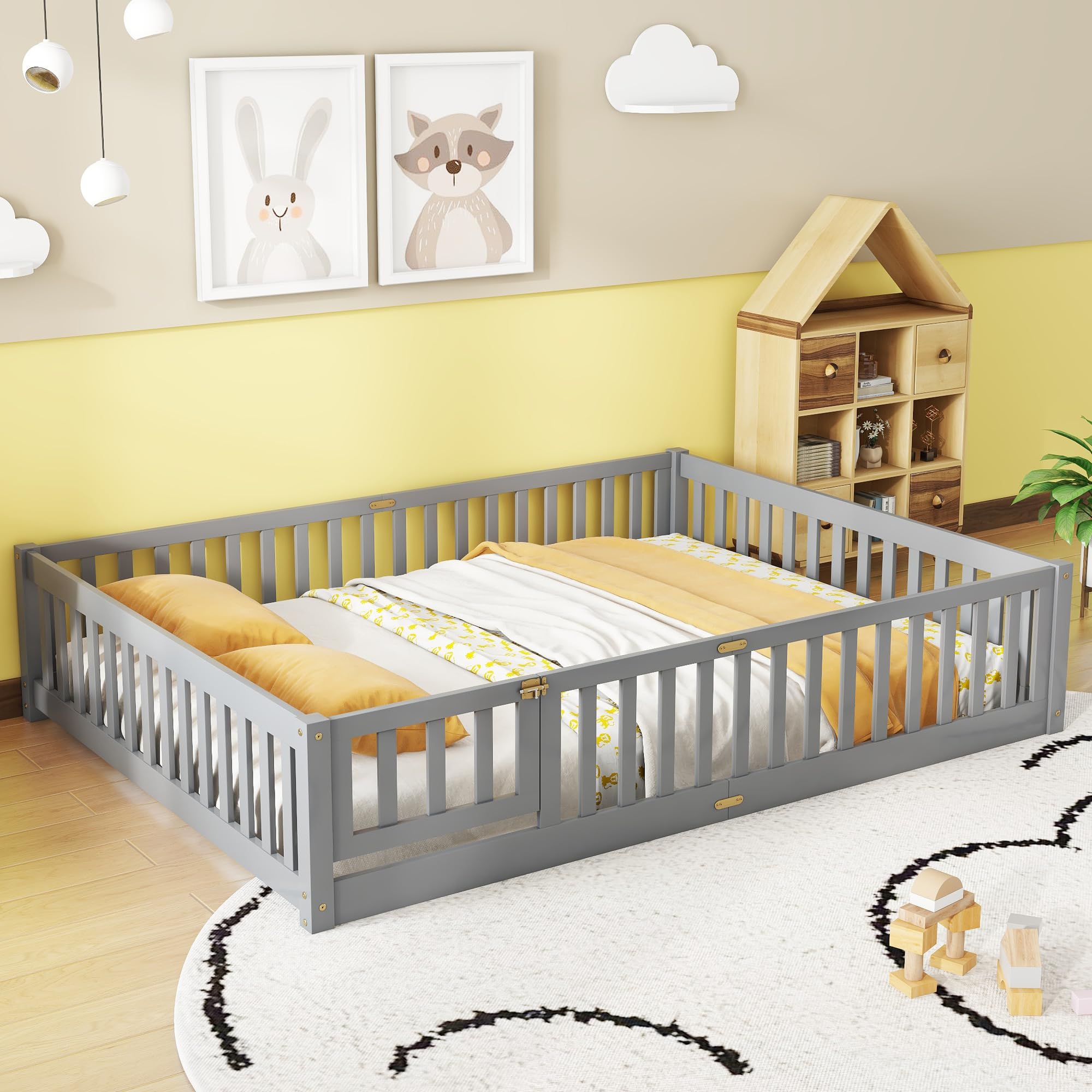 Queen Size Floor Bed with Door and Fence for Kids, Montessori Floor Bed with Slats and Safety Guardrails,Solid Wood Queen Bed Frame for Girls Boys(Queen,Gray)